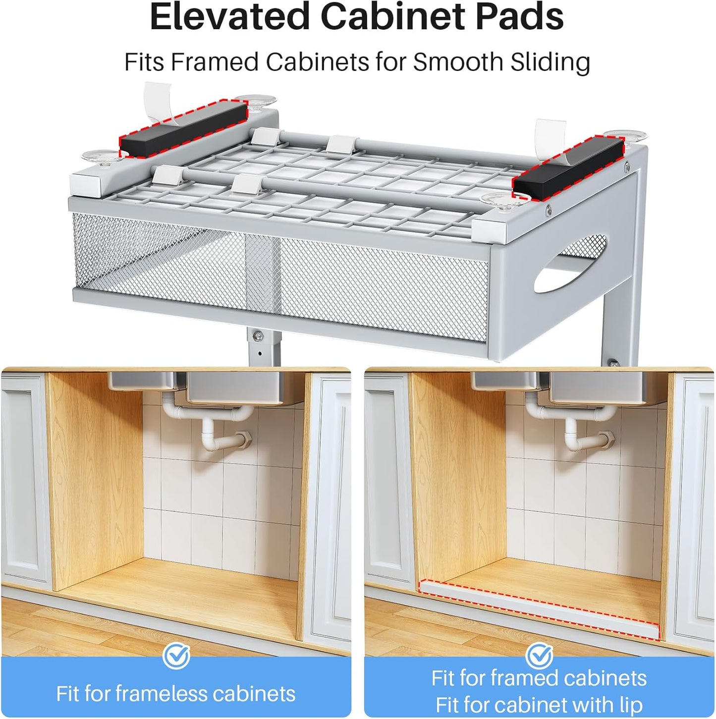 Under Sink Organizer, 2 Tier Pull Out Under Cabinet Organizer Shelf with Pad for Framed Cabinets
