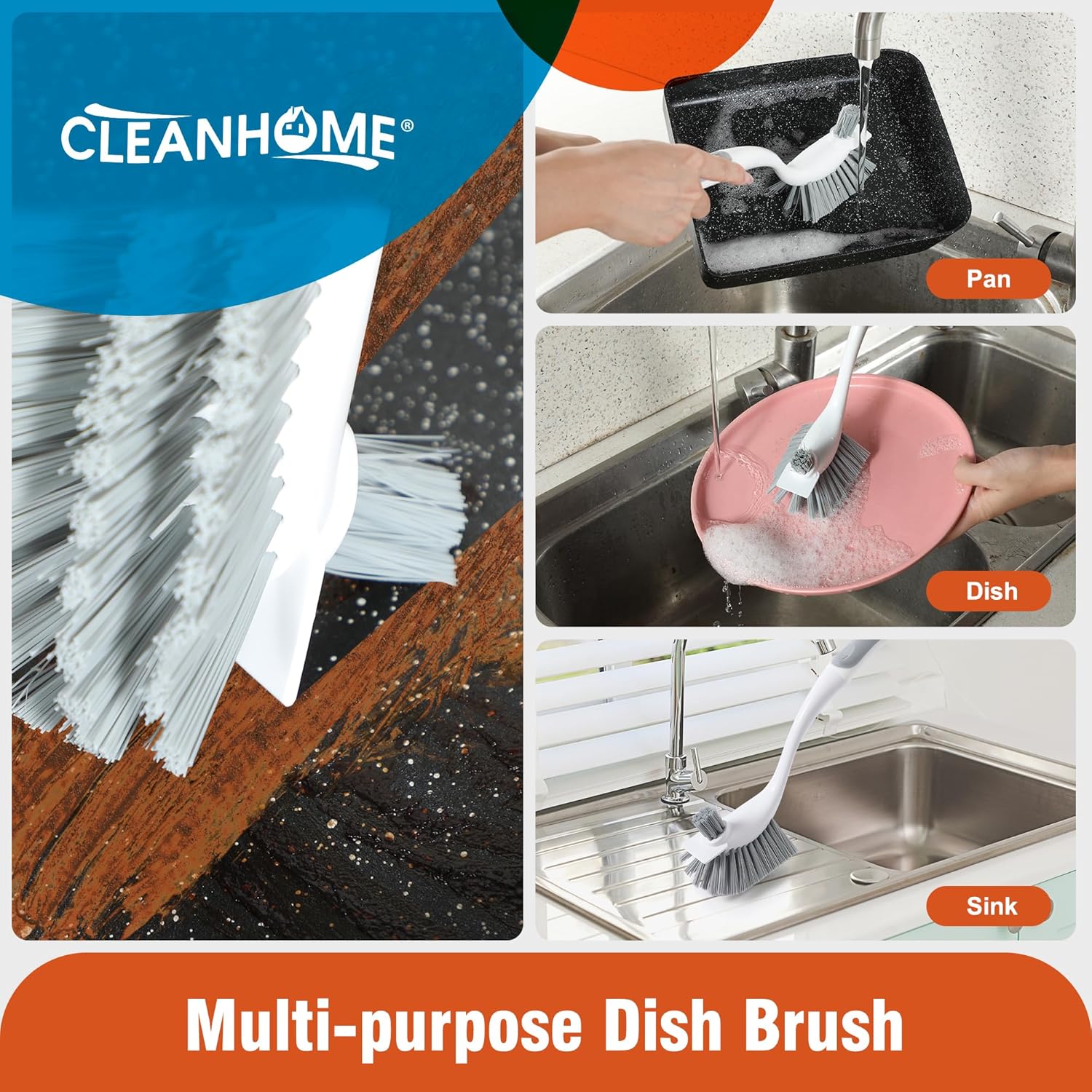 4-Pack Heavy-Duty Dish Scrub Brushes with Stiff Non-Scratch Bristles & Long Handle - Multi-Purpose