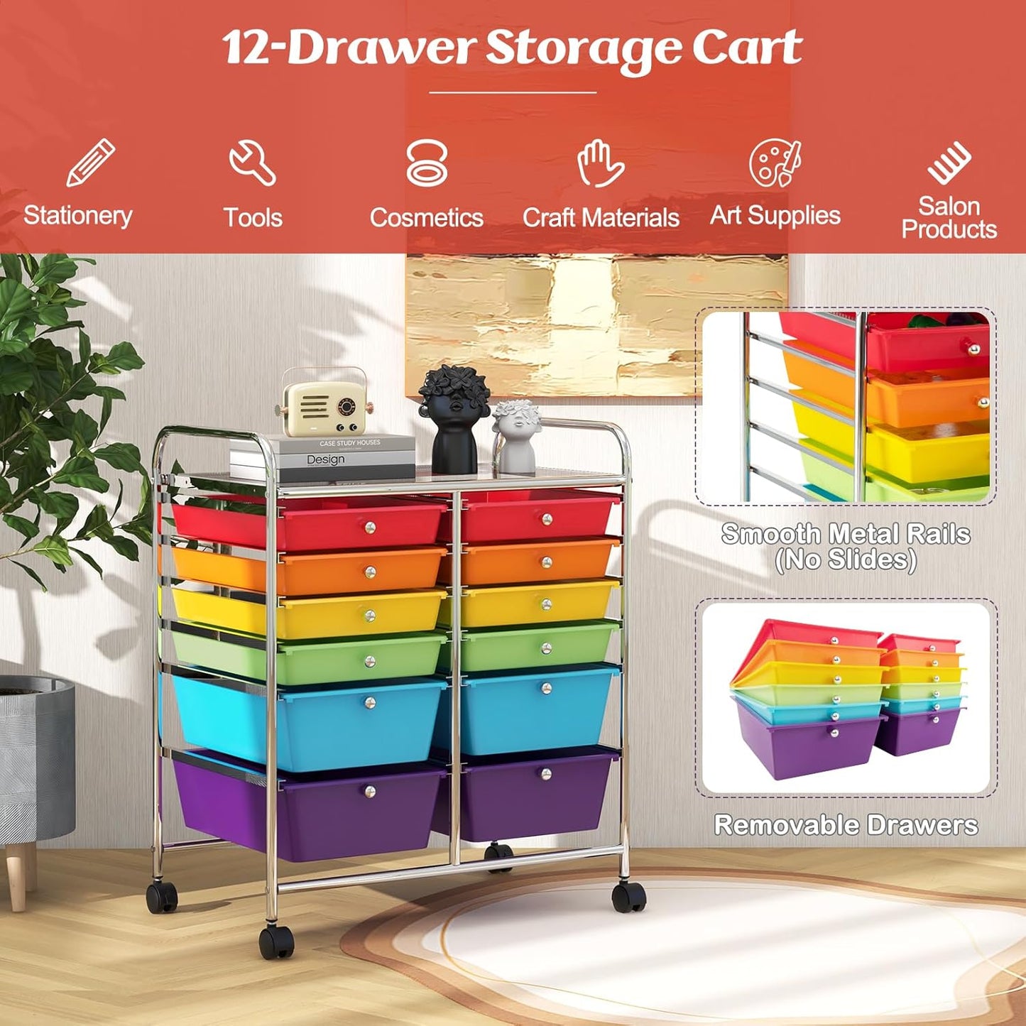 GOFLAME 12-Drawer Rolling Storage Cart, Multipurpose Organizer Cart with 2 Sizes Plastic Drawers