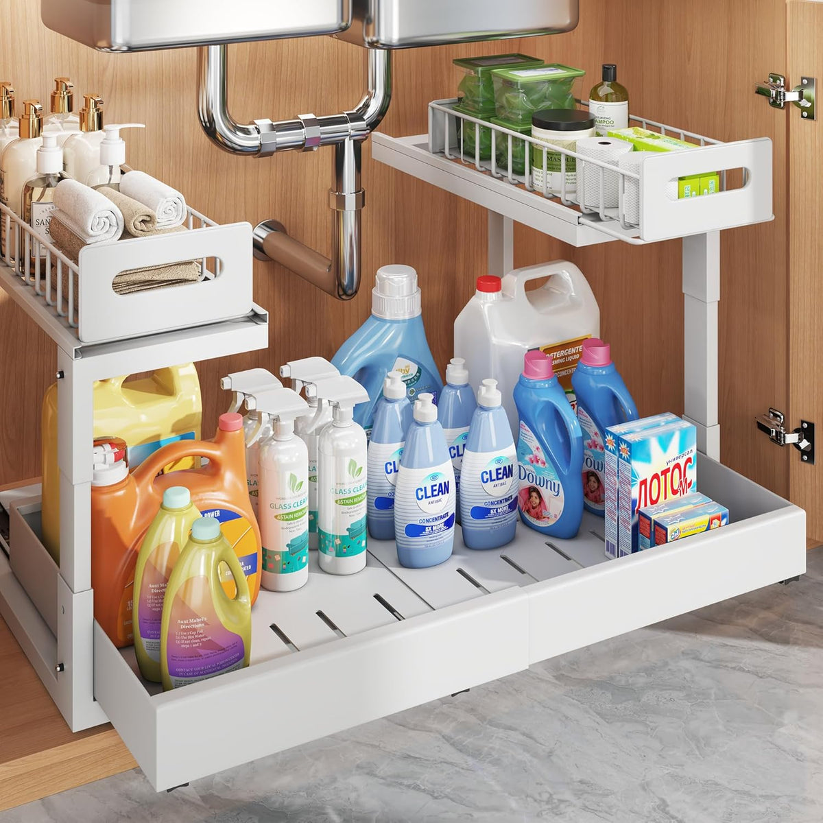1 Pack Expandable Under Sink Organizers Storage With Upgrade Ball-Bearing Slide Tracks,2-Tier Pull