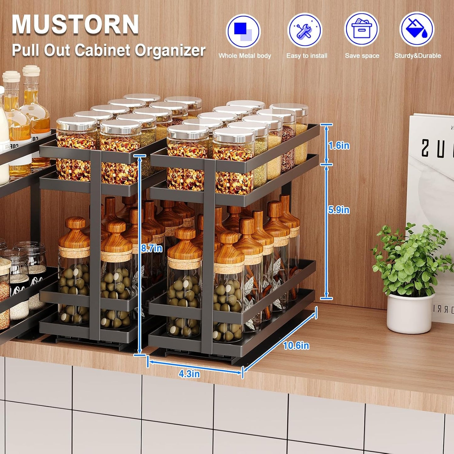 2 Pack Pull Out Spice Rack Organizer for Cabinet, 2 Tier Metal Slide Out Seasoning Organizer and