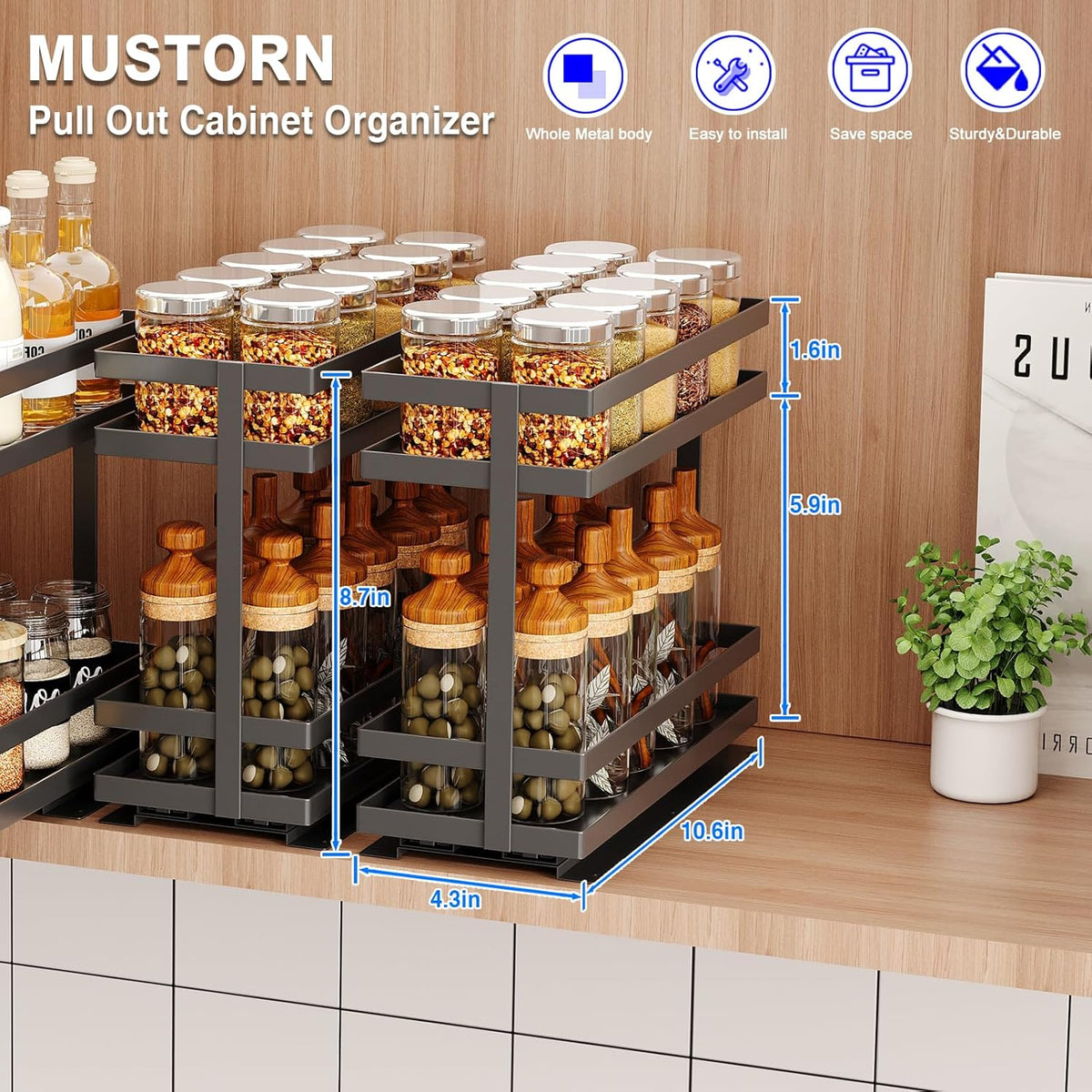 2 Pack Pull Out Spice Rack Organizer for Cabinet, 2 Tier Metal Slide Out Seasoning Organizer and