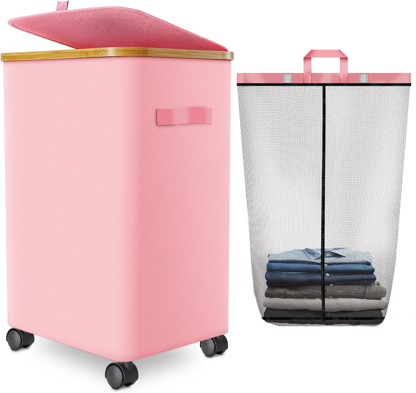 Laundry Hamper with Wheels,20 Gal (75L) Laundry Basket with lid Rolling Clothes Hamper Foldable