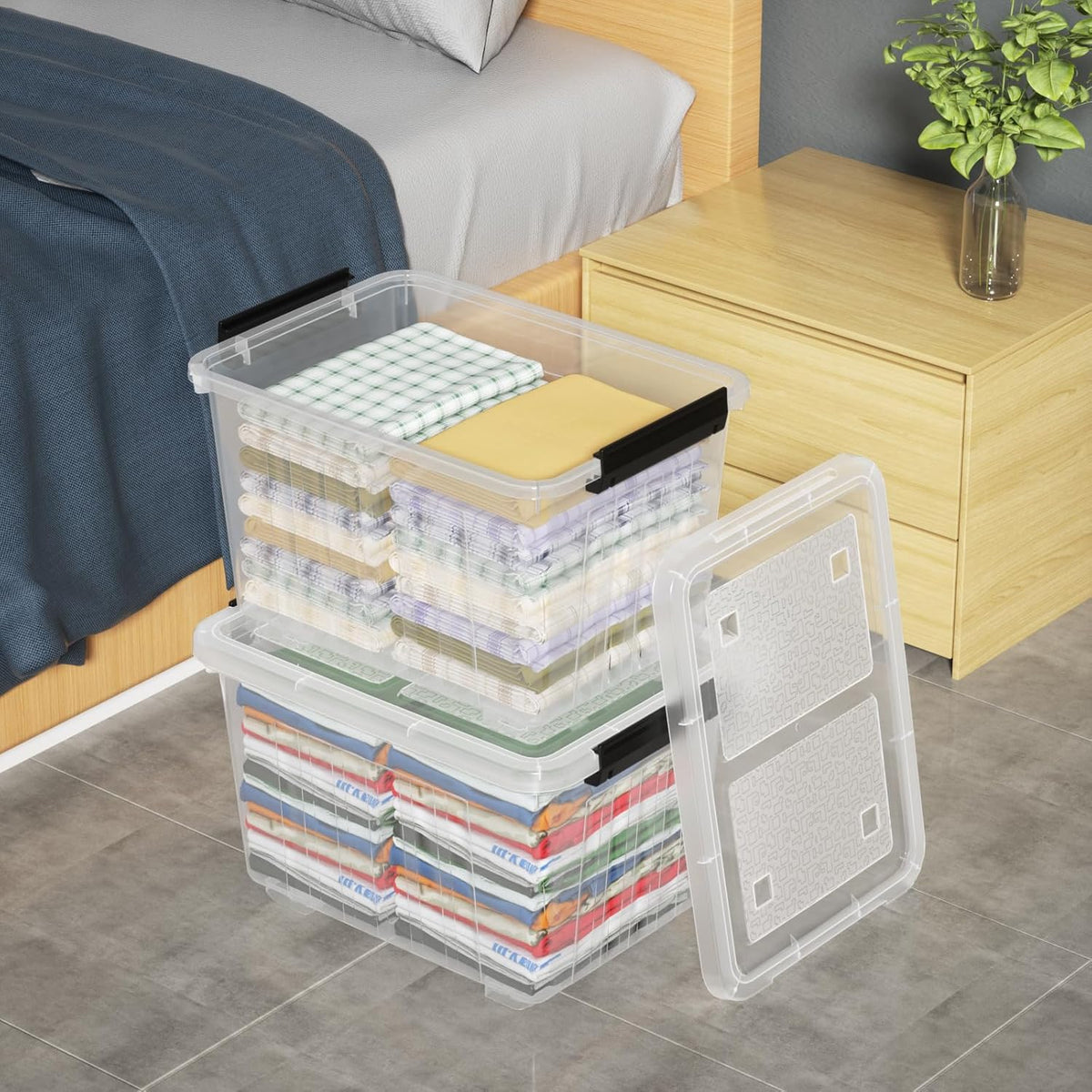 Zopnny 30 Quart Plastic Stacker Box, Large Storage Bin Container with Latching Lids and Wheels for
