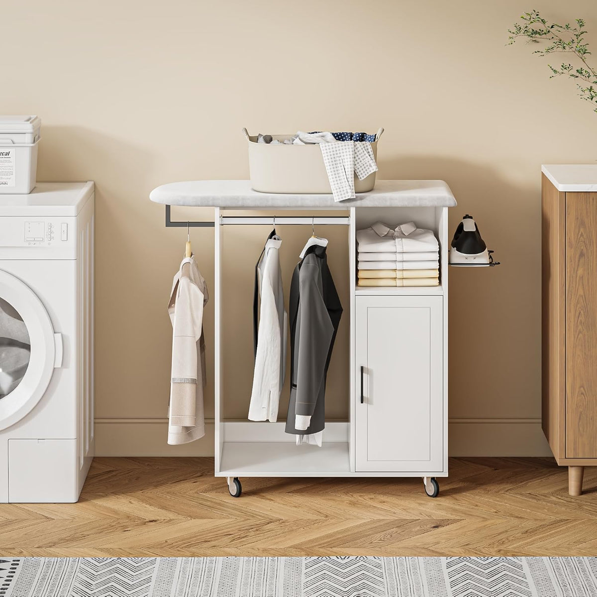 Rolling Ironing Board with Storage Cabinet, Multipurpose Wooden Ironing Cabinet with Wheels