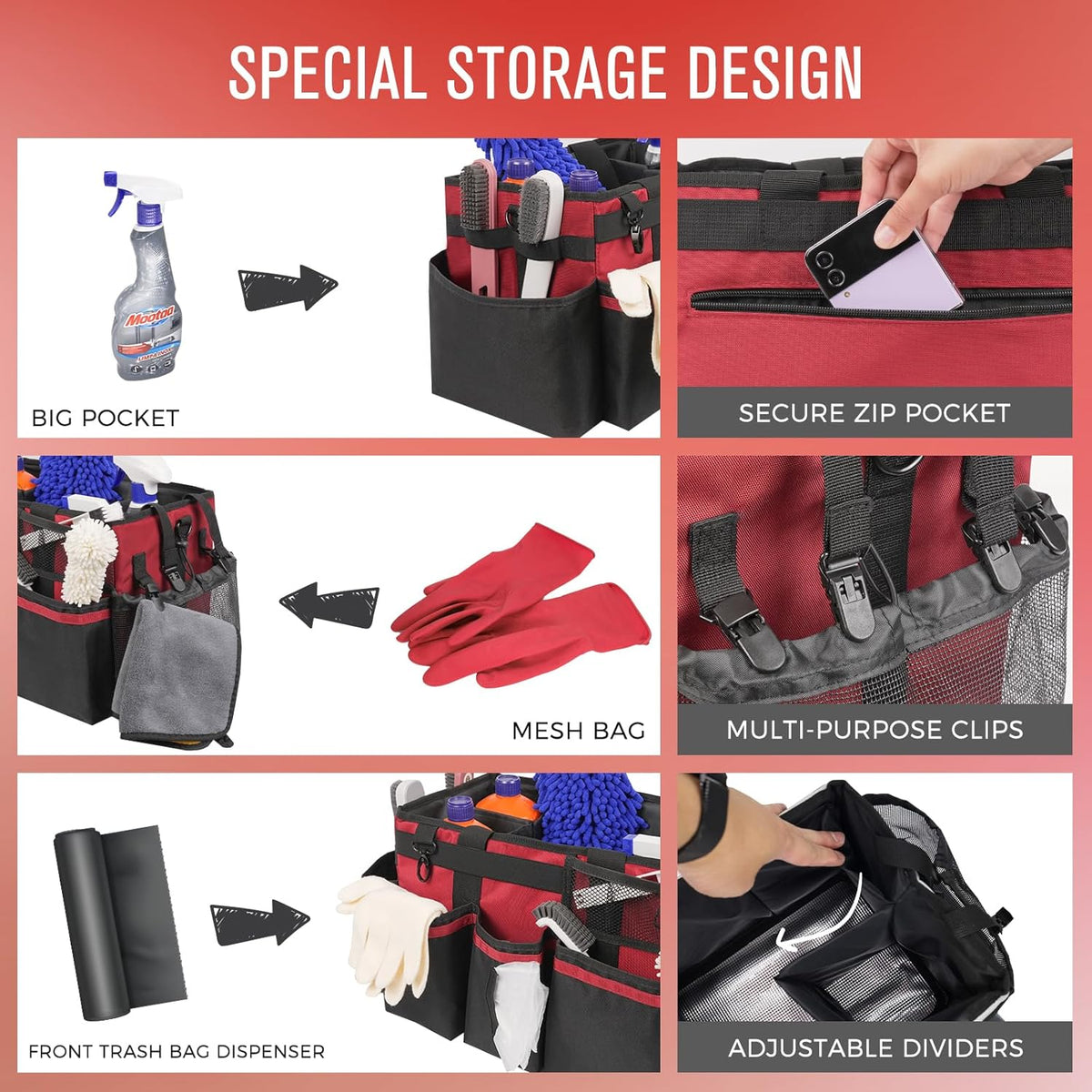 Wearable Cleaning Caddy, Cleaning Caddy Supplies Organizer with Handle & Shoulder Straps for