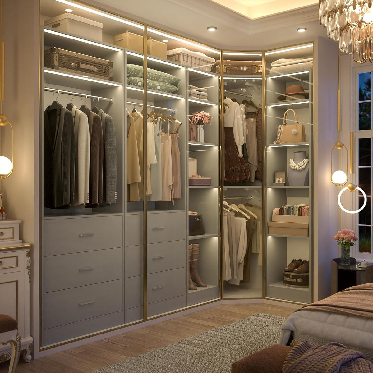 Corner Closet System with 6 Drawers, Closet Organizer System with 14 Shelves & 4 Hanging Rods