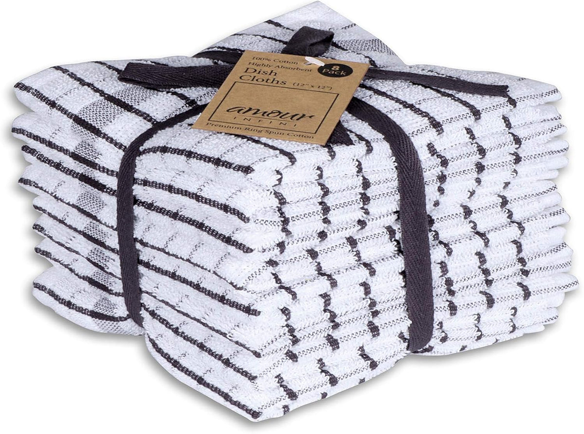 AMOUR INFINI Kitchen Dish Cloths Set of 8 - Ultra Soft, Highly Absorbent, Quick-Drying Terry Cotton