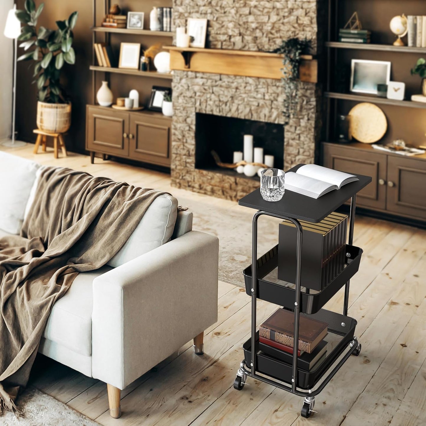 Simple Houseware 2-Tier Rolling Utility Cart with Lockable Wheels and Wood Top, Metal Storage