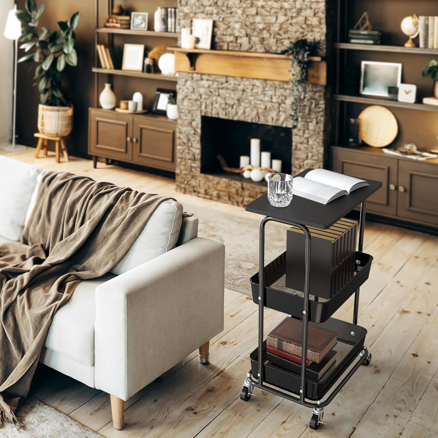 Simple Houseware 2-Tier Rolling Utility Cart with Lockable Wheels and Wood Top, Metal Storage
