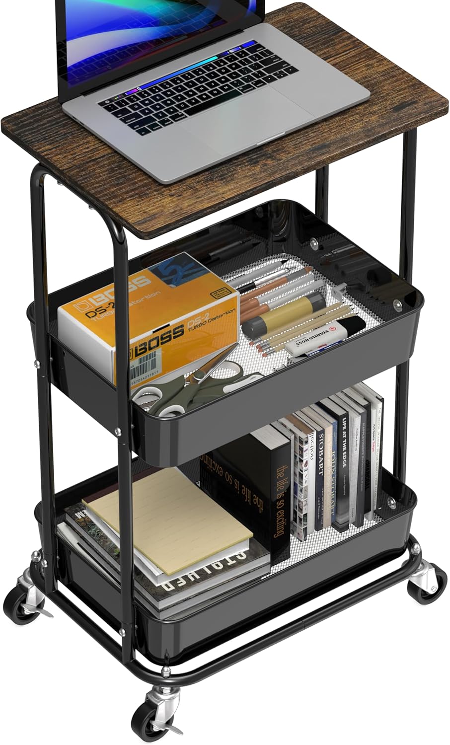 Simple Houseware 2-Tier Rolling Utility Cart with Lockable Wheels and Wood Top, Metal Storage