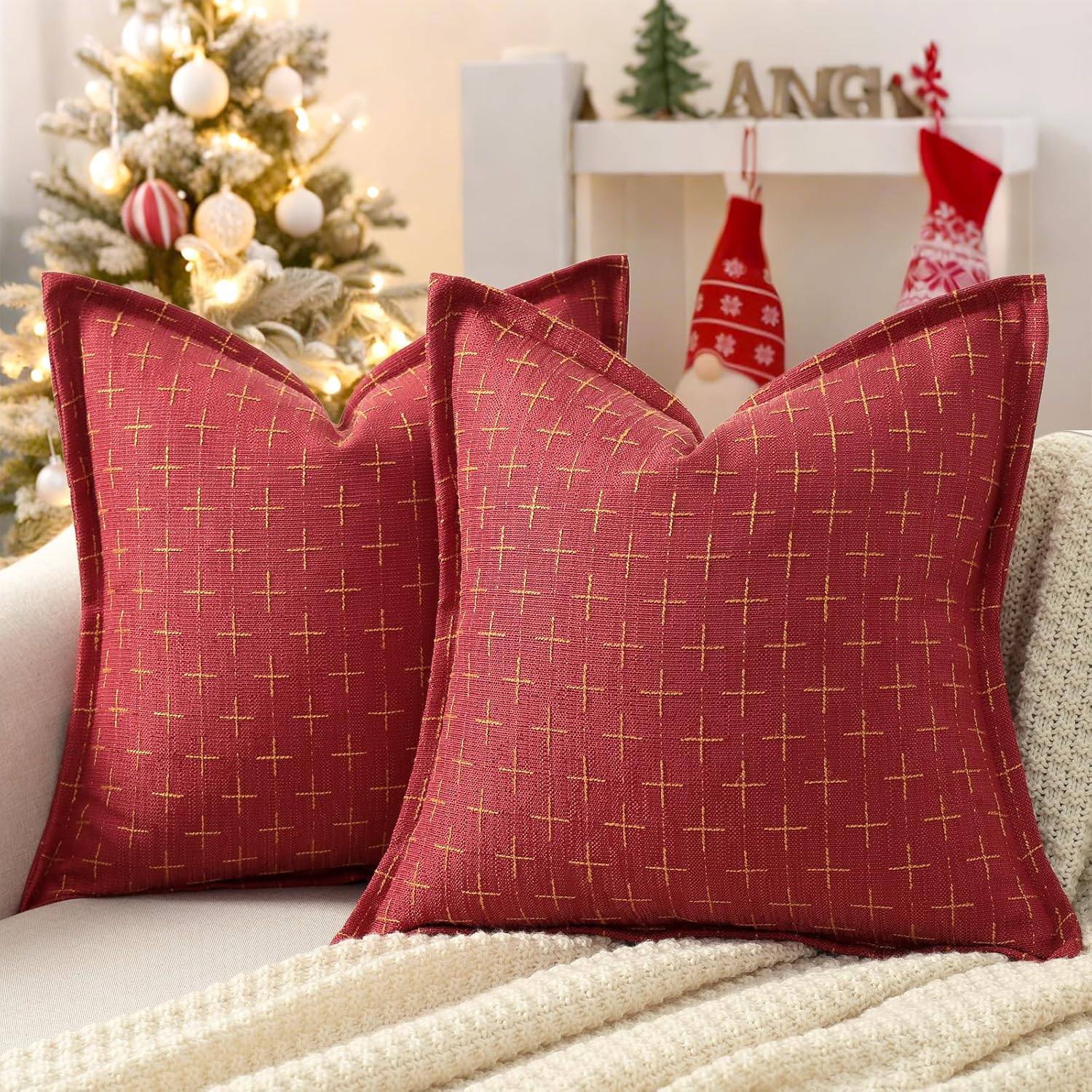 ZWJD Christmas Pillow Covers 26x26 Set of 2 Soft Polyester Textured Red Pillows with Stylish Flange