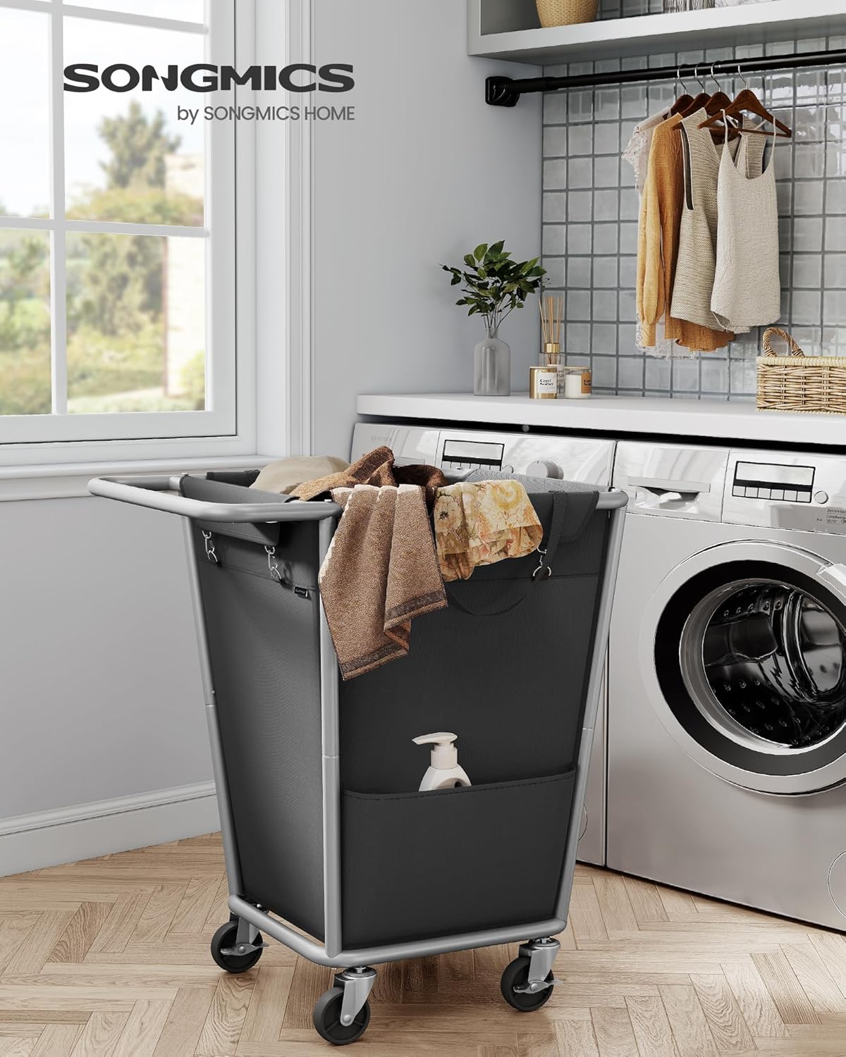 SONGMICS Laundry Basket with Wheels, 34.3 Gallons (130 L) Rolling Laundry Hamper with Removable