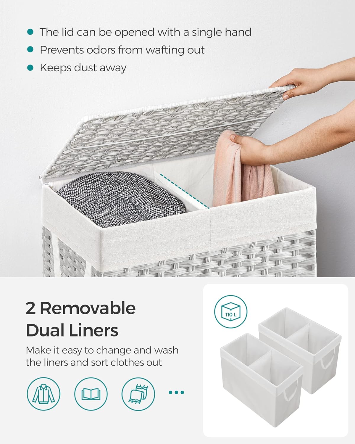 SONGMICS Laundry Hamper with Lid, 110L Clothes Hamper with 2 Removable Liner Bags, 6 Mesh Bags