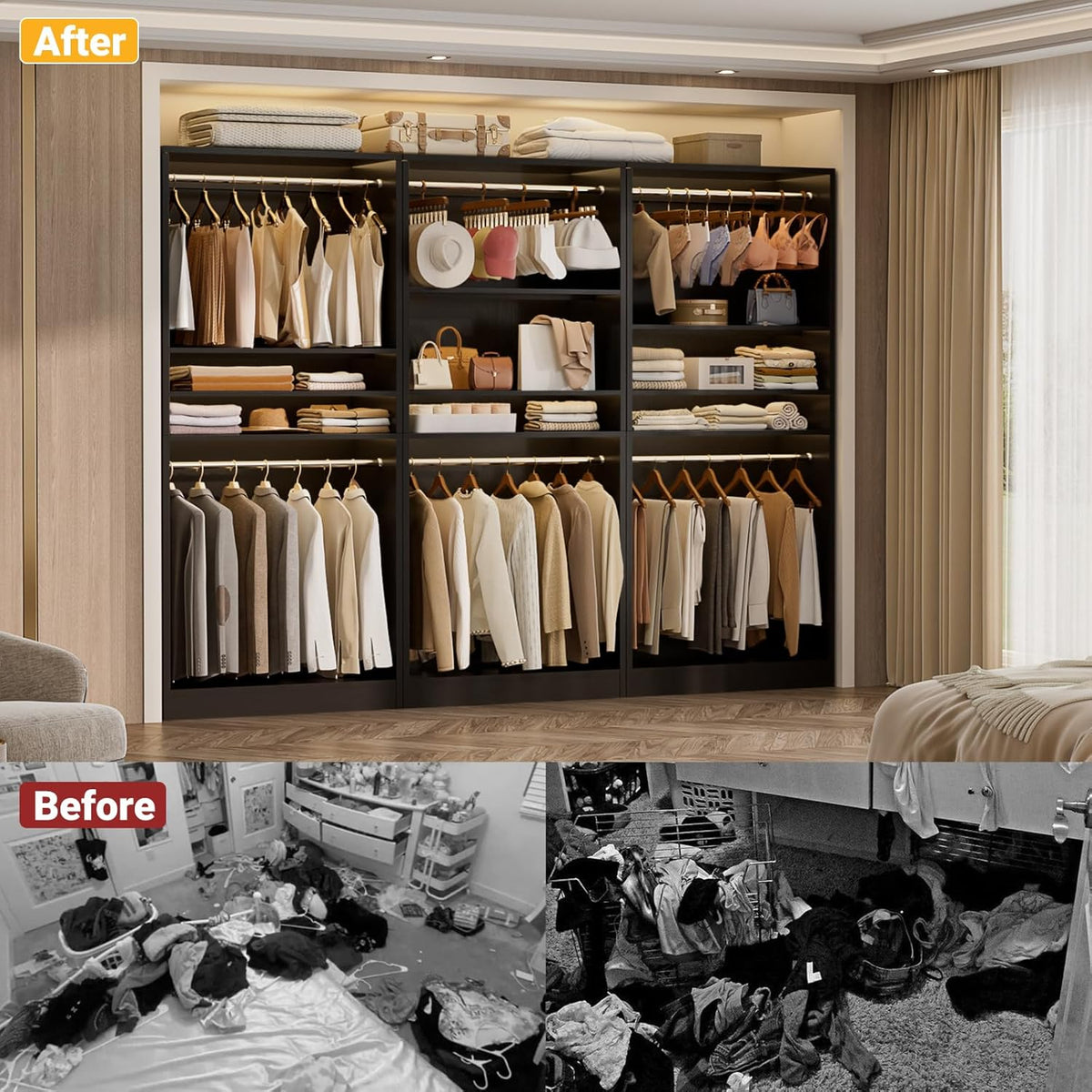 Unikito 3FT Freestanding Closet System with 2 Hanging Rods & Adjustable Shelve, 36'' Wood Closet