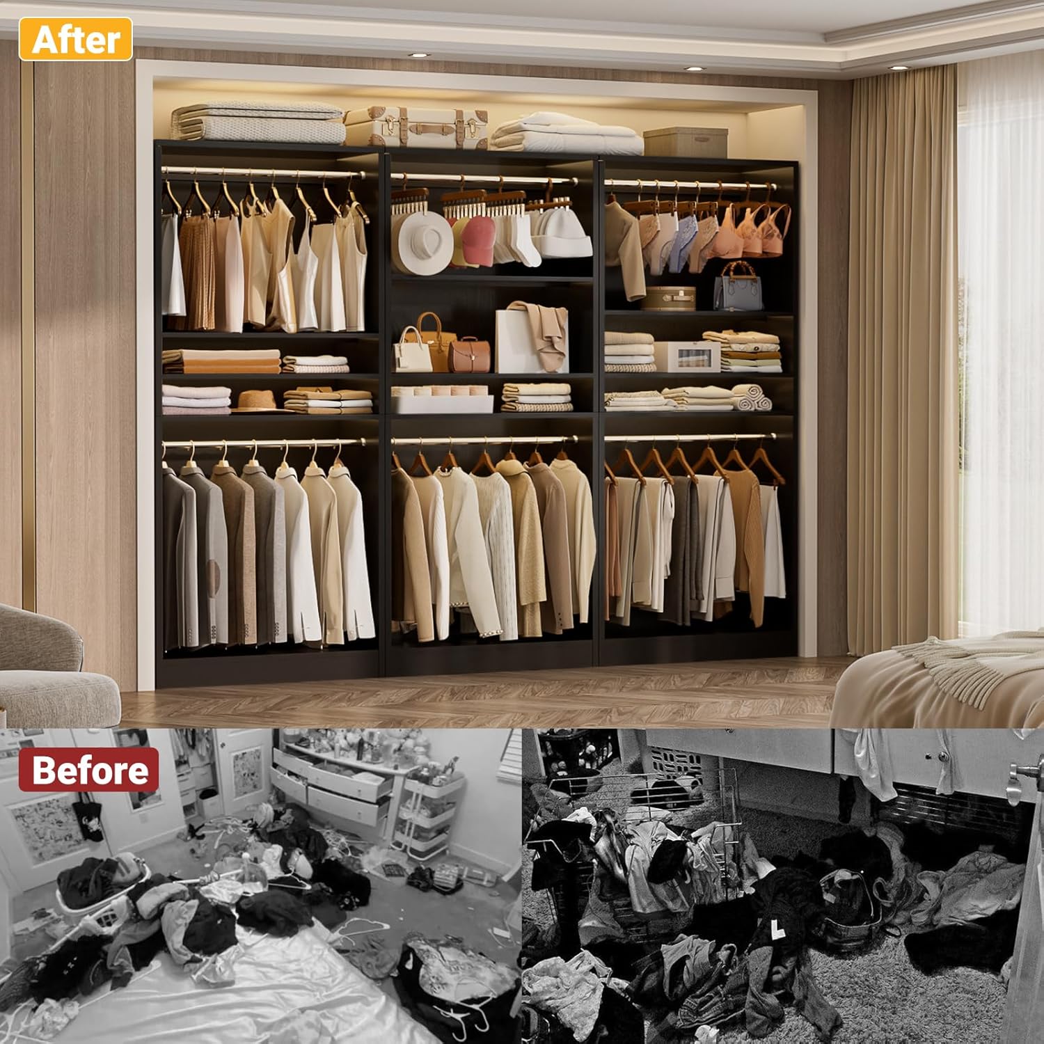 Unikito 3FT Freestanding Closet System with 2 Hanging Rods & Adjustable Shelve, 36'' Wood Closet