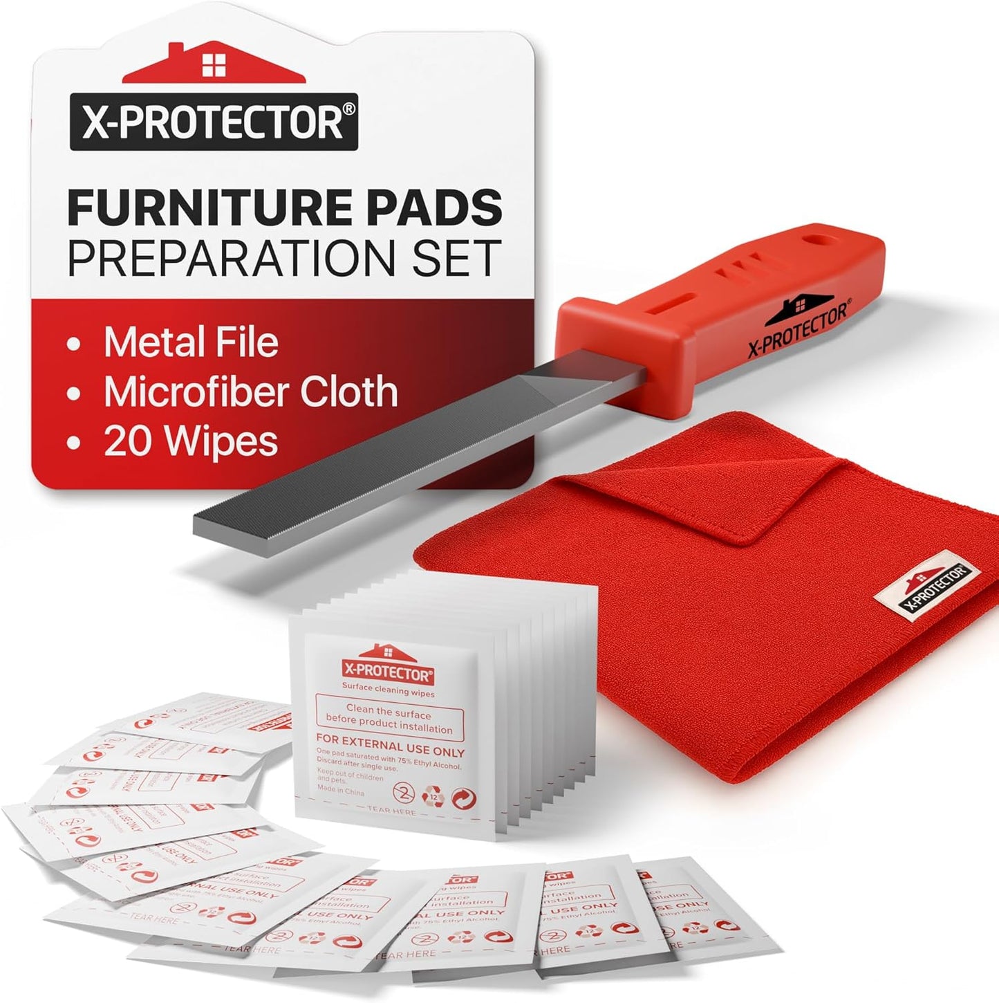 X-Protector Furniture Pads Preparation Set - Includes Metal File, Microfiber Cloth & 20 Cleaning