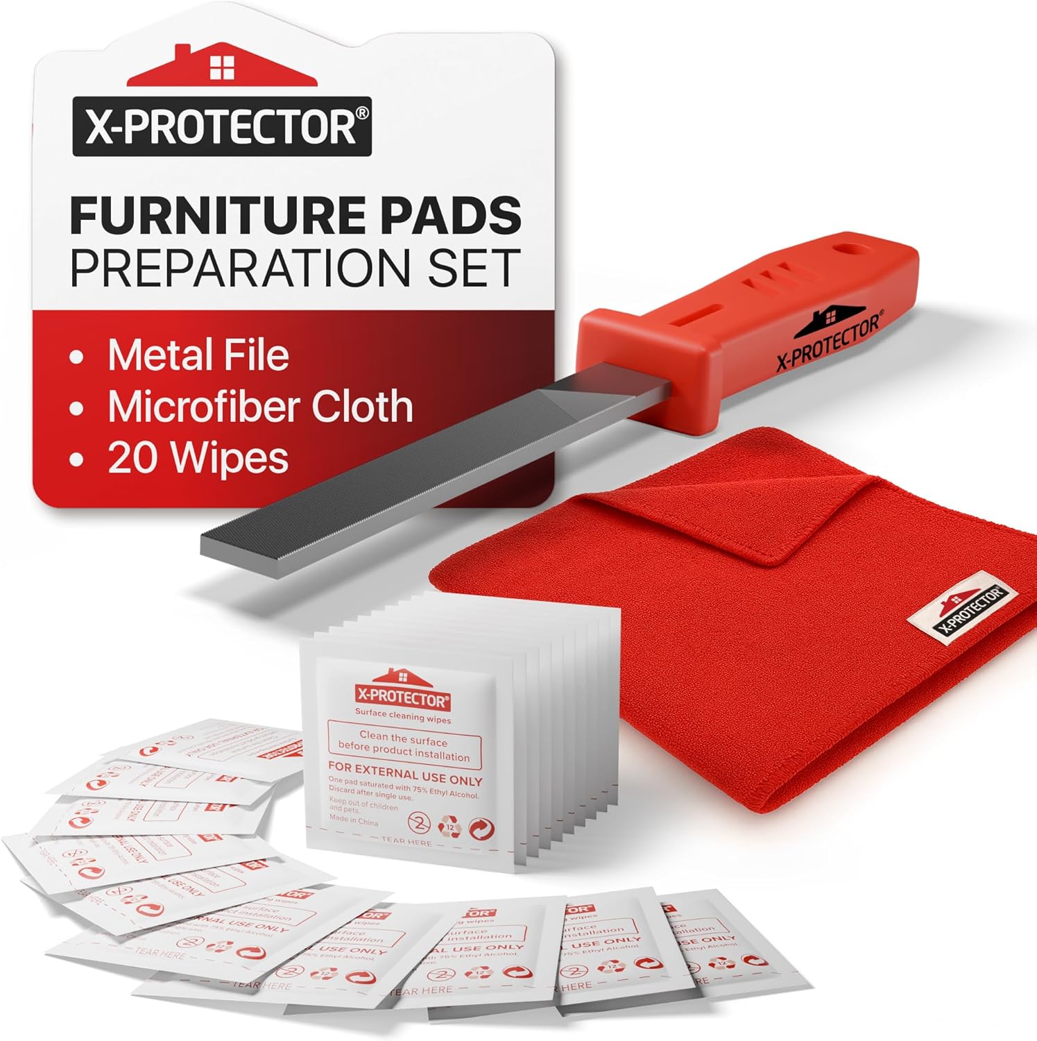 X-Protector Furniture Pads Preparation Set - Includes Metal File, Microfiber Cloth & 20 Cleaning