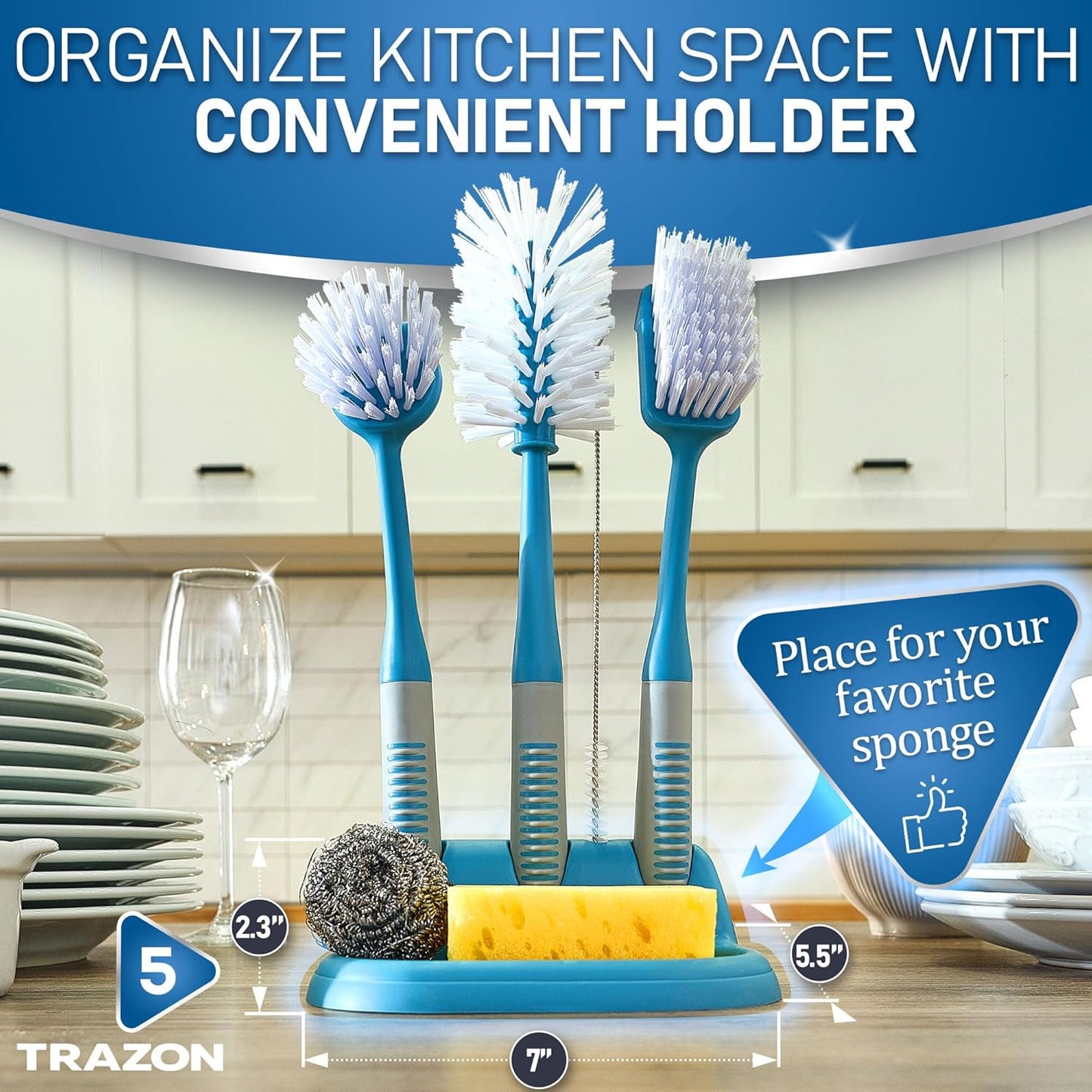 Dish Brush Set of 5 with Convenient Holder, Bottle Water Brush, Dish Scrub Brush, Scrubber Brush