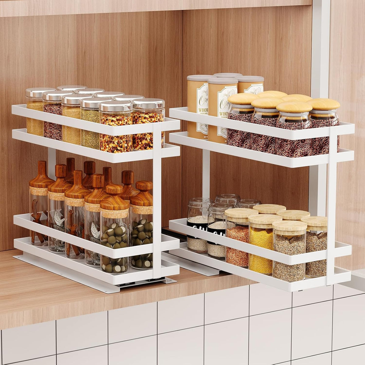 2 Pack Pull Out Spice Rack Organizer for Cabinet, 2 Tier Metal Slide Out Seasoning Organizer and
