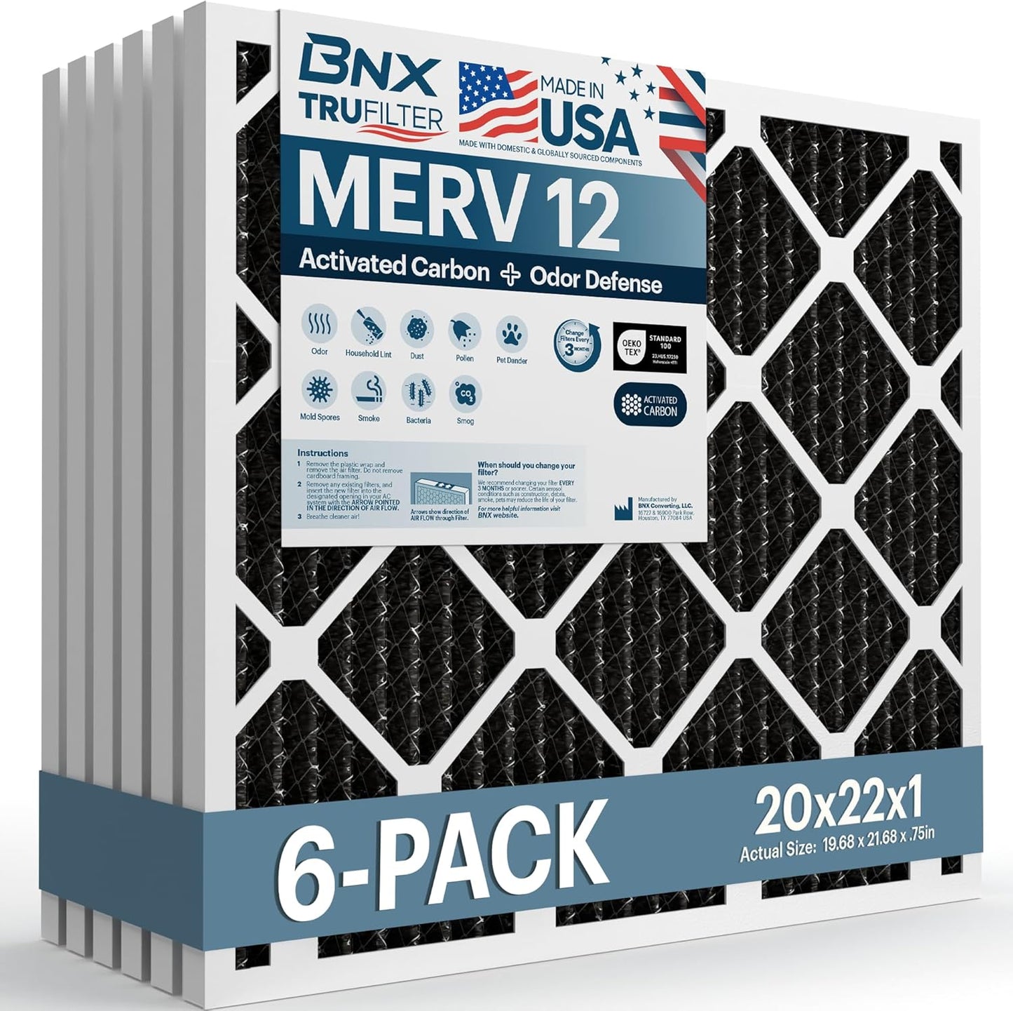 BNX TruFilter 20x22x1 MERV 12 Odor Defense (6-Pack) AC Furnace Air Filter with Activated Carbon