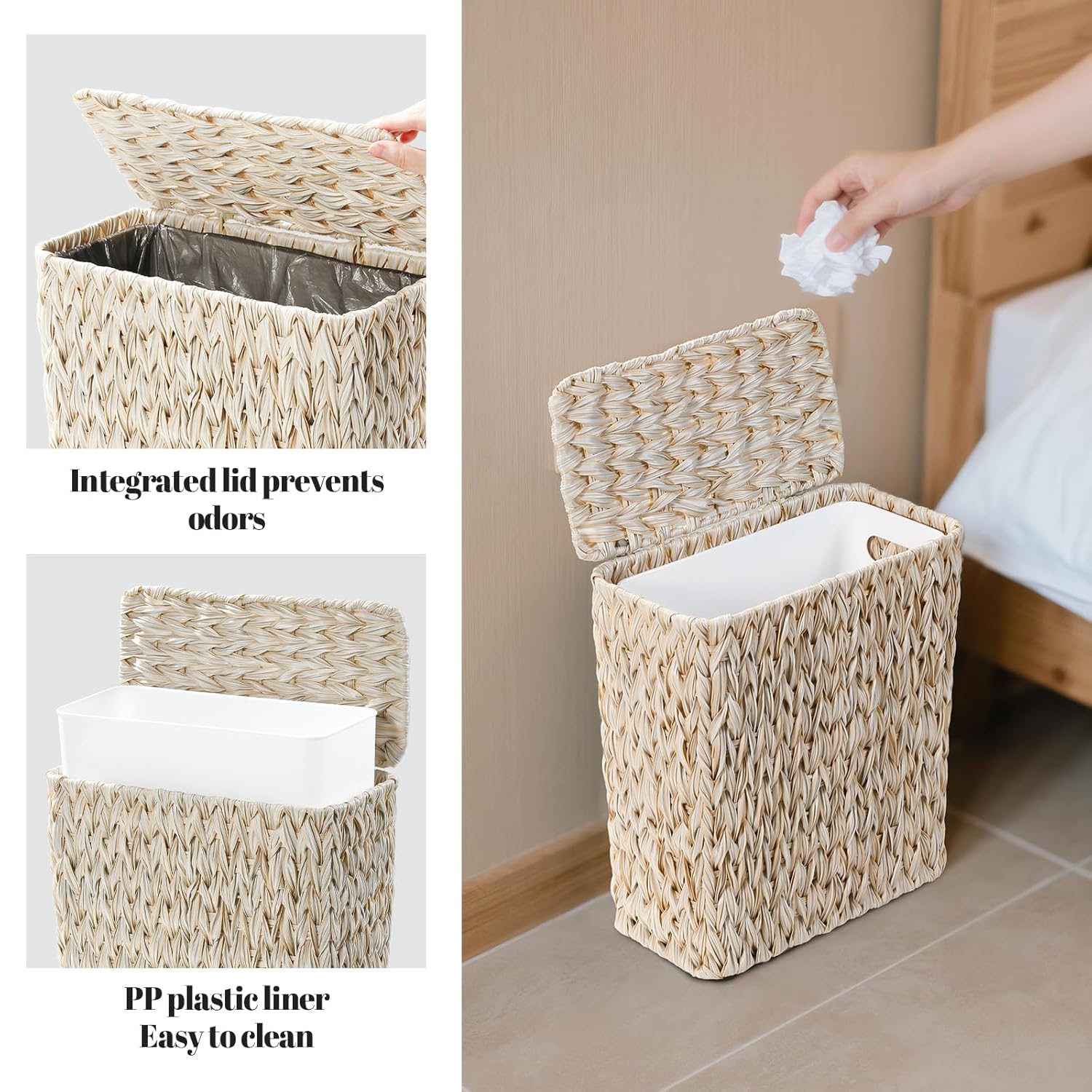 Wicker Trash Can with Lid and Liner,Boho Decotative Small Bathroom Trash Cans,Waterproof Slim Waste