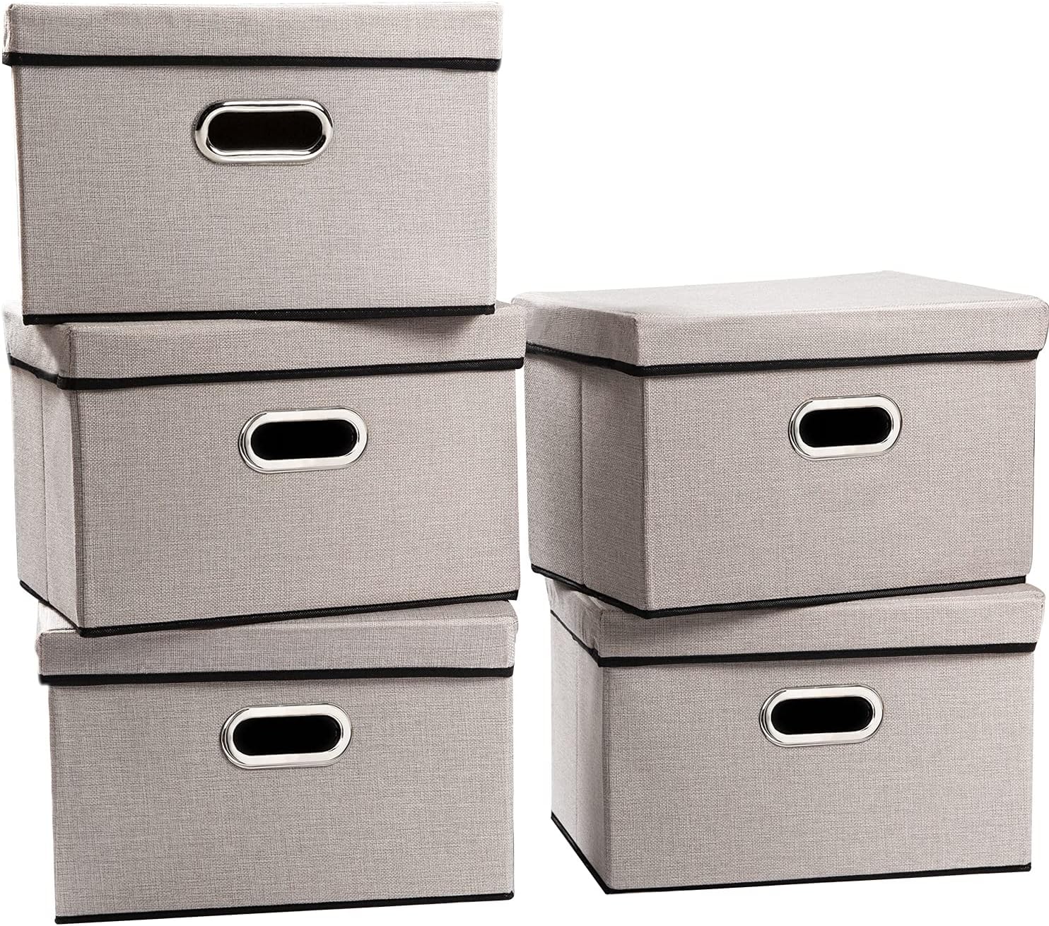 PRANDOM Foldable Storage Bin with Lid [5-Pack] Linen Fabric Decorative Storage Box Organizer