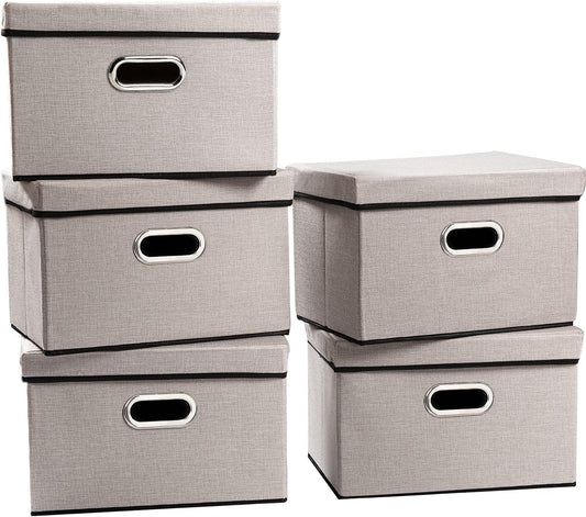 PRANDOM Foldable Storage Bin with Lid [5-Pack] Linen Fabric Decorative Storage Box Organizer