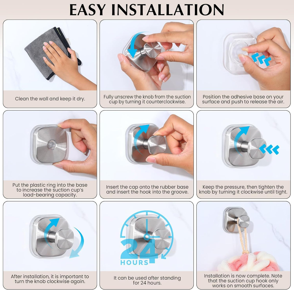 Suction Cup Hooks for Shower - Reusable No-Drill Mounting - Hooks for Towels, Robes & Loofah on