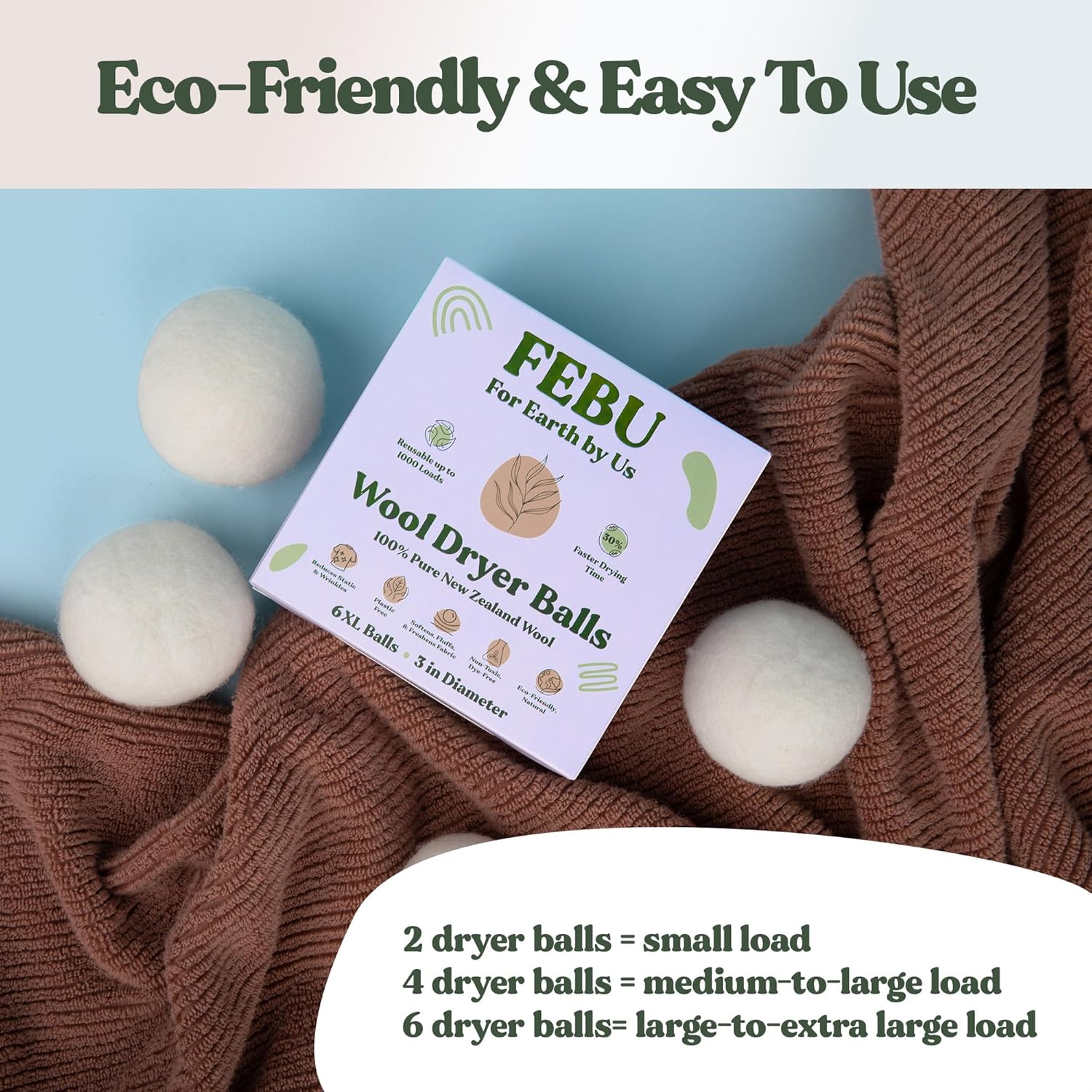 FEBU Wool Dryer Balls, 6-Pack, XL | 100% New Zealand Wool | Natural, Reusable Fabric Softener |