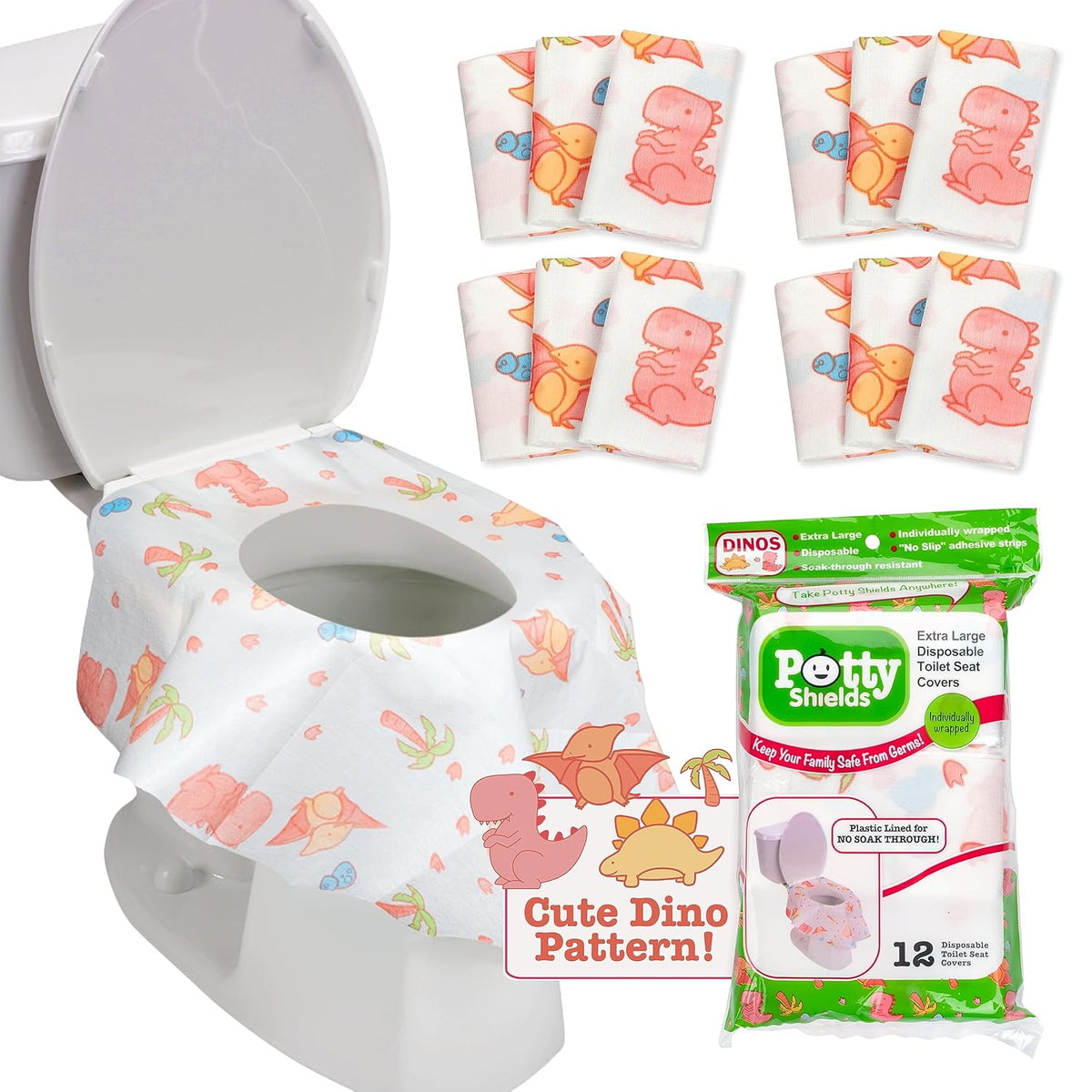 Toilet Seat Covers Disposable (12 pk, Dinosaurs) - XL Waterproof Toilet Cover for Toddlers, Kids &