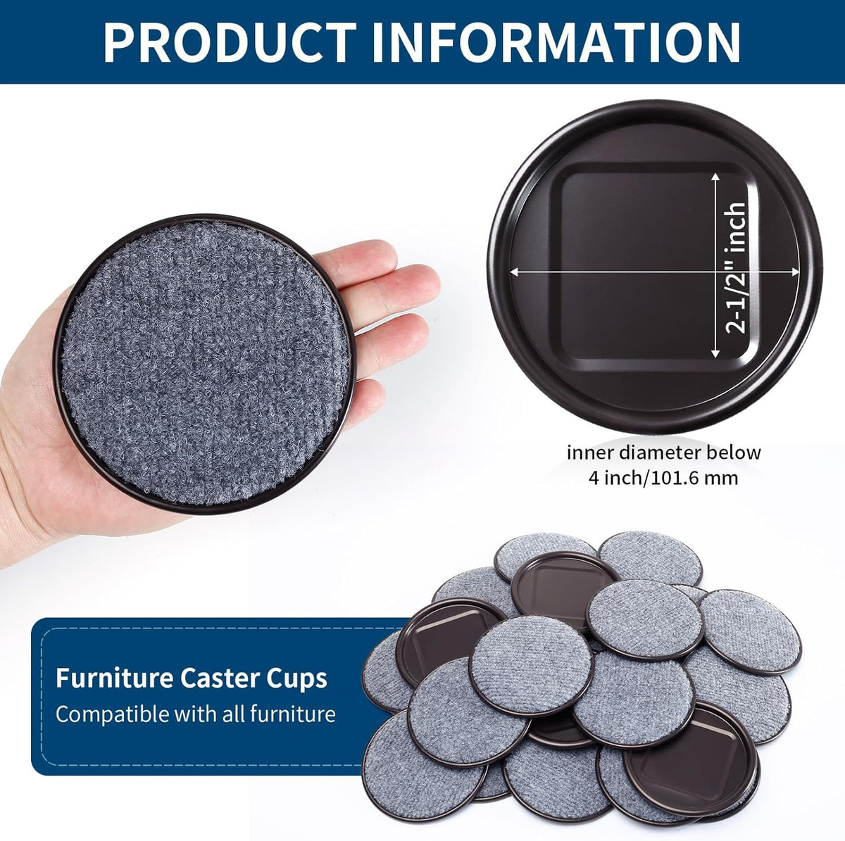 Ezprotekt 4" Round Reusable Felt Furniture Caster Cups with Carpet Bottom, 16 Pcs Felt Furniture
