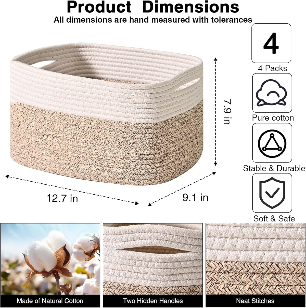 Small Storage Baskets for Organizing, Woven Storage Baskets for Shelves, Cotton Rope Basket for