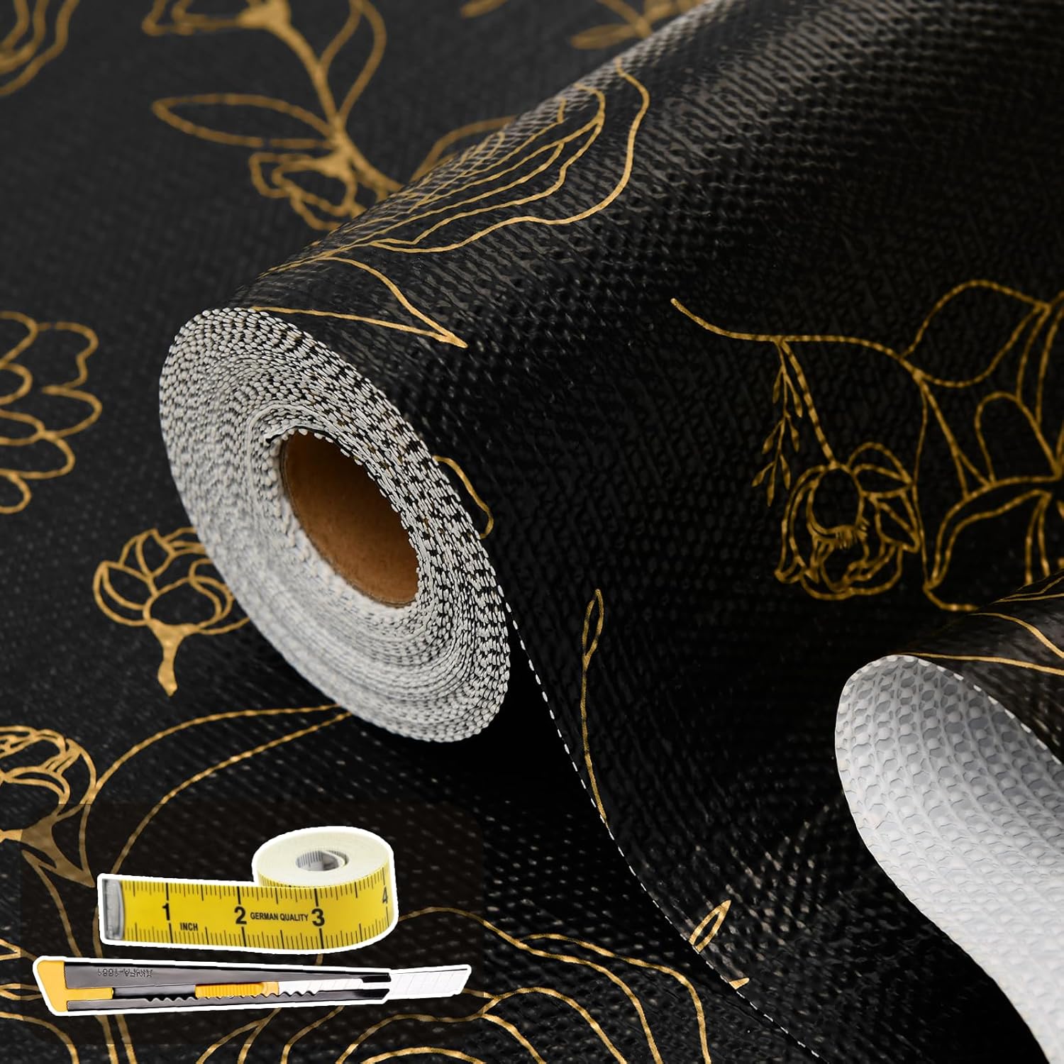 Shelf Liners for Kitchen Cabinets 12in x 20FT Non Adhesive Drawer Liner Black Floral Thickened