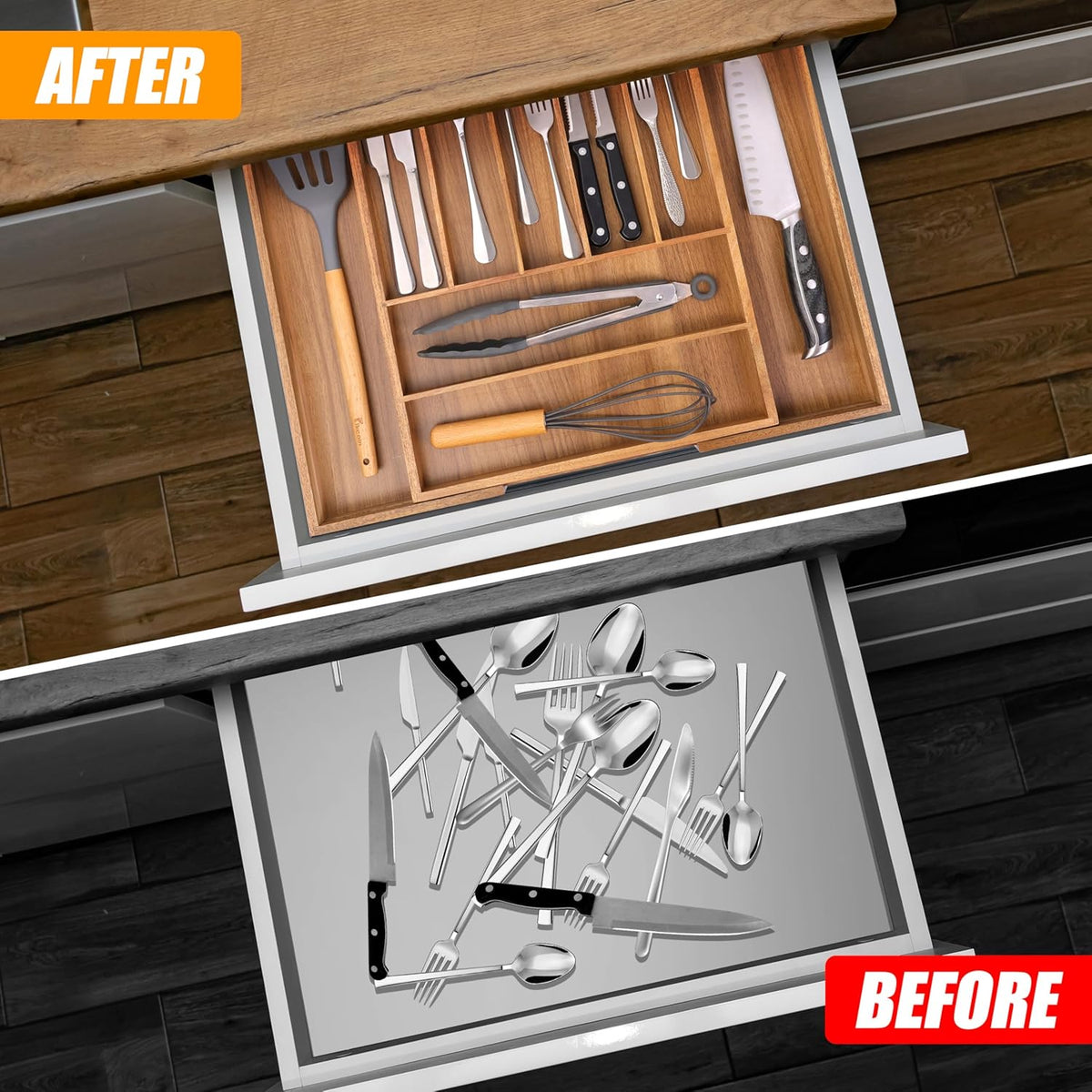 Bellsal Large Premium Acacia Wood Silverware Organizer - Expandable Utensil Drawer Organizer