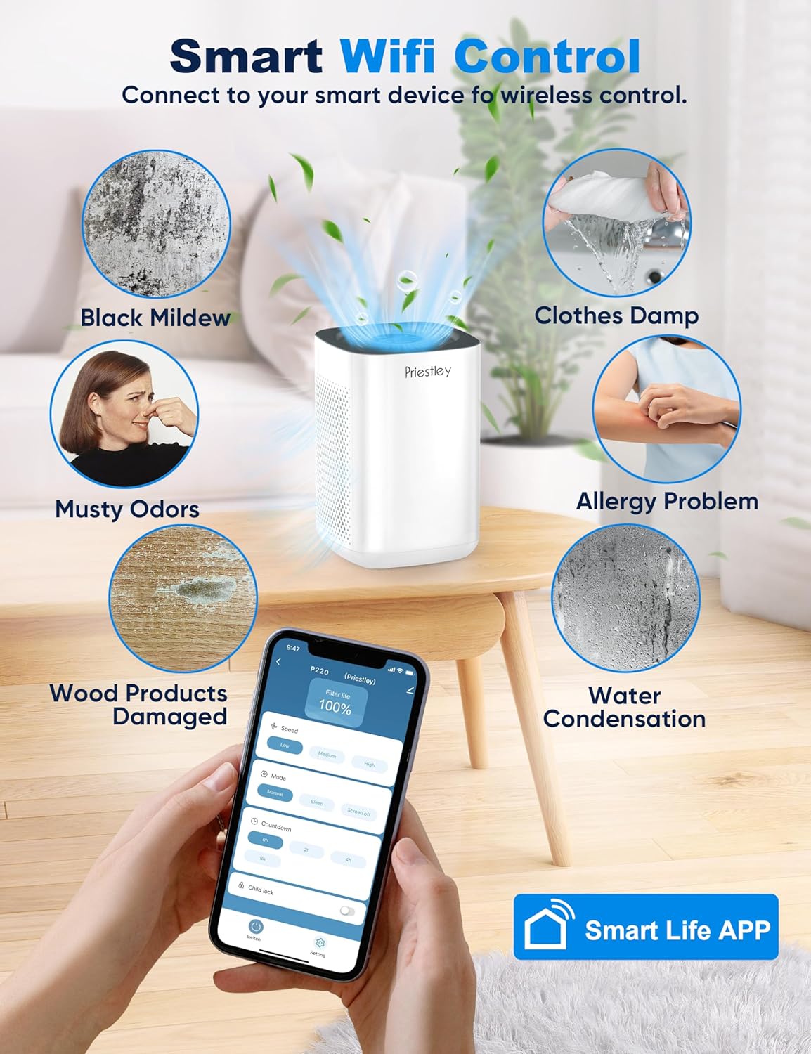 Priestley Air Purifier for Bedroom, Home, Dorm Up to 1100Ft², Smart WiFi Air Purifiers, 3-in-1 Air