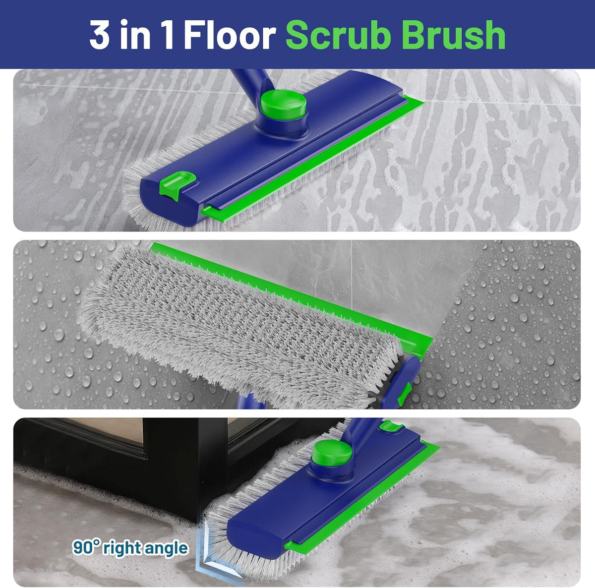 Floor Scrub Brush with Long Handle: 3 in 1 Heavy-Duty Floor Scrubber Brush with Squeegee for