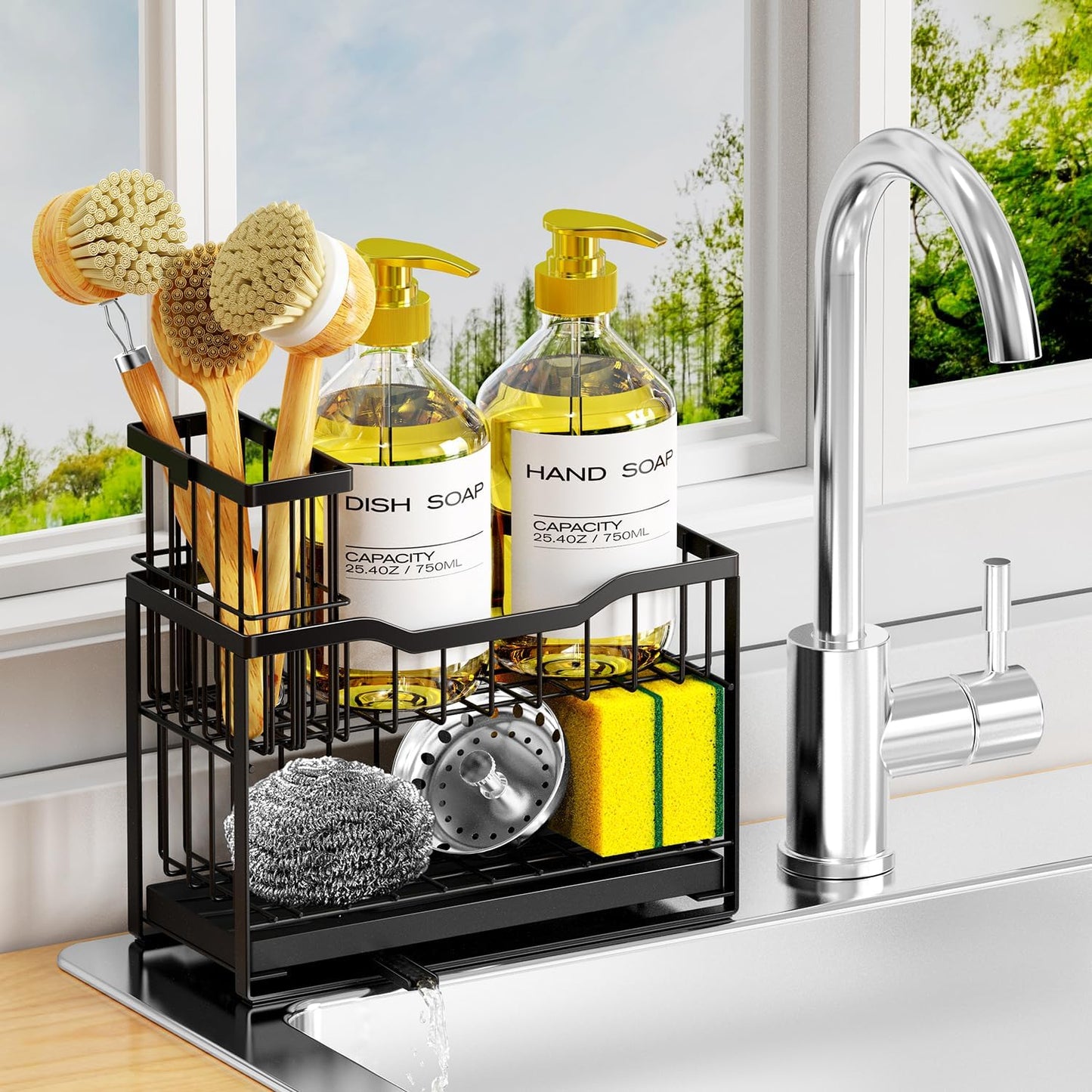 2-Tier Kitchen Sink Caddy with High Brush Holder&Self-Draining Tray,Rustproof&Non-Slip Sink Sponge