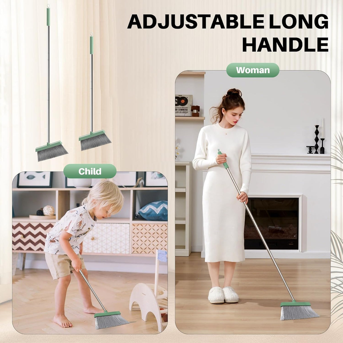 JOYMOOP Dark Teal Green Broom and Dustpan Set, Upright Angle with Built-in Comb Teeth, Ideal for