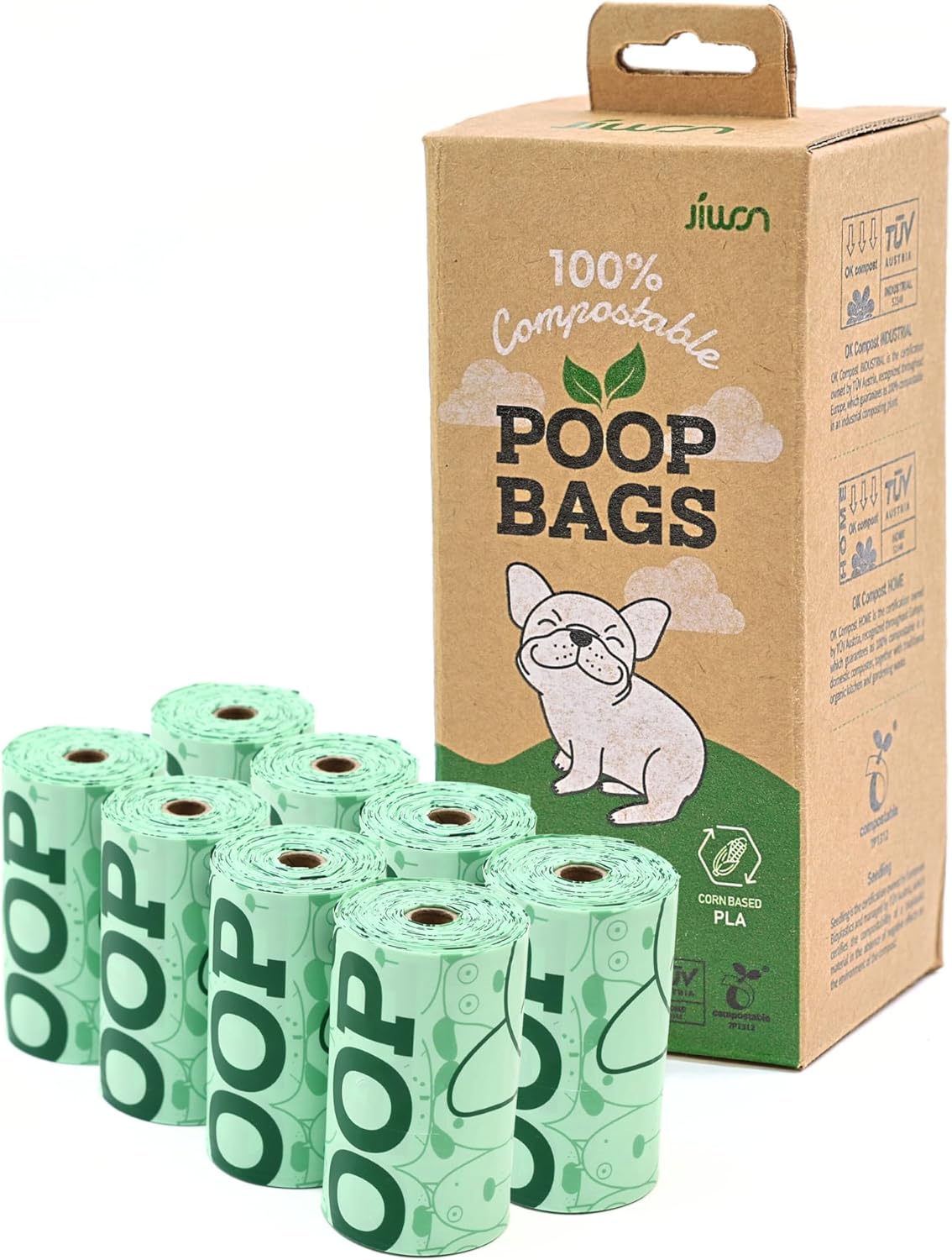 JIWON 100% Certified Home Compostable Dog Poop Bags, 120 Count (8 Rolls), 9"x13", OK Compost &