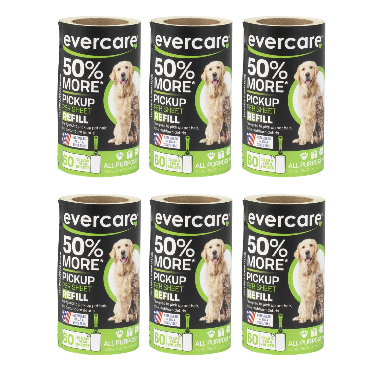 Evercare Pet Lint Roller Refill, Manual Operation, 60 Sheets per Roll, 6 Count Refill Pack for Pet