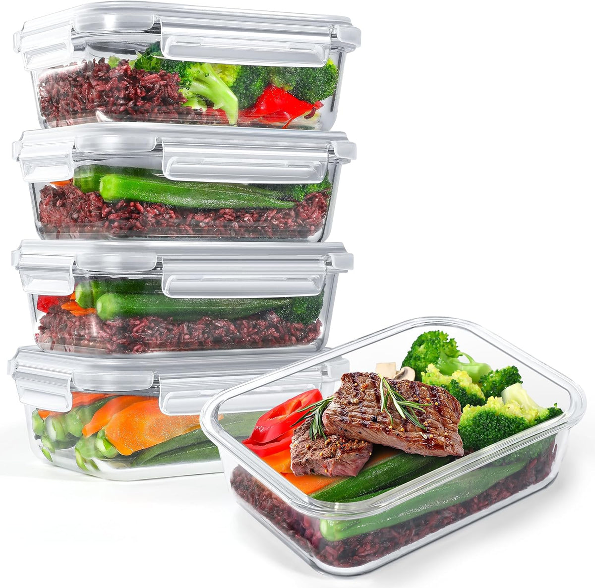 5-Pack 35 oz Borosilicate Glass Food Storage Containers with Lids, Stackable Airtight Glass Meal