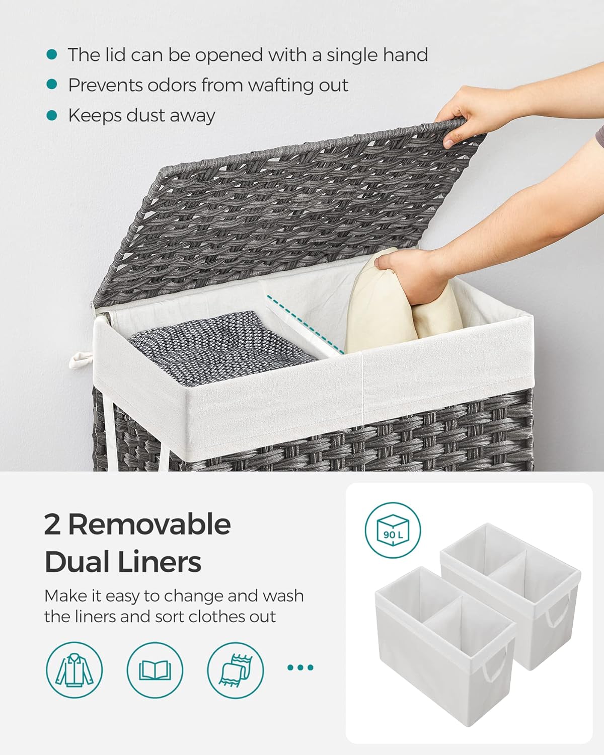 SONGMICS Laundry Hamper with Lid, 90L Clothes Hamper with 2 Removable Liner Bags, 6 Mesh Bags