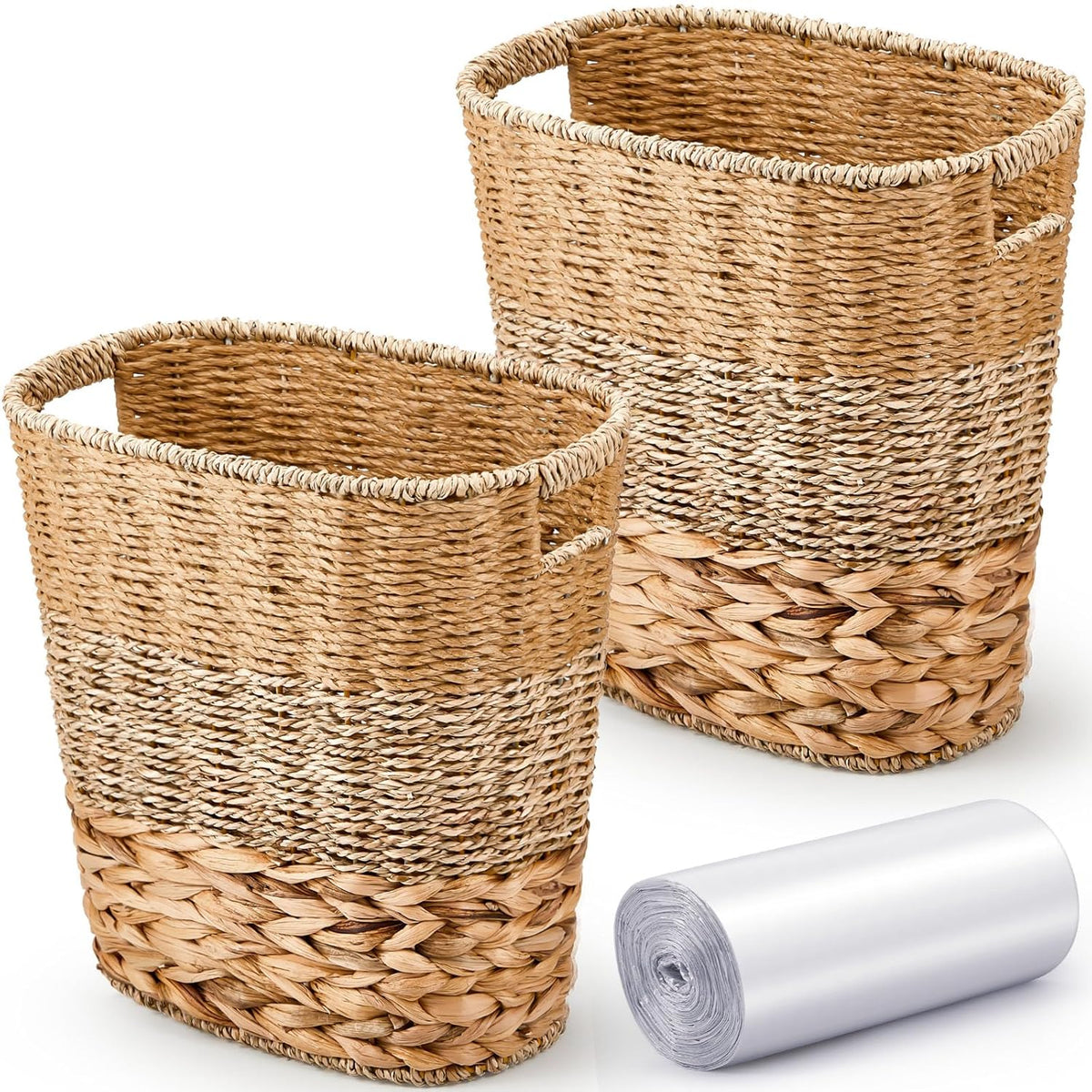 2 Pcs Wicker Trash Can with 50 Small Trash Bag Wicker Waste Woven Basket with Handles Clear Multi