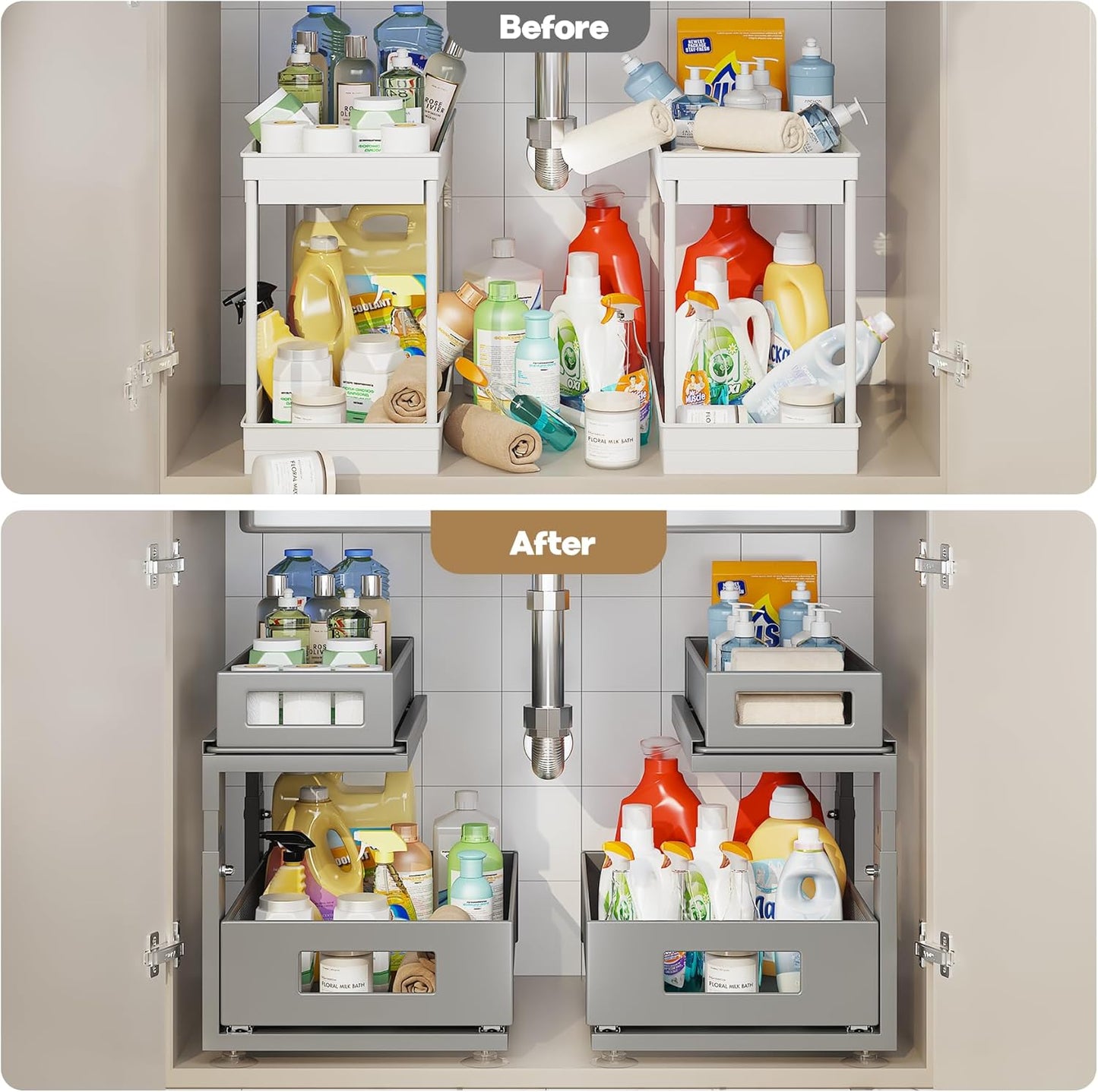 2 Pack 15.74IN-Depth Under Sink Organizer With Next-Gen Ball-Bearing Slides,2-Tier Pull Out Cabinet