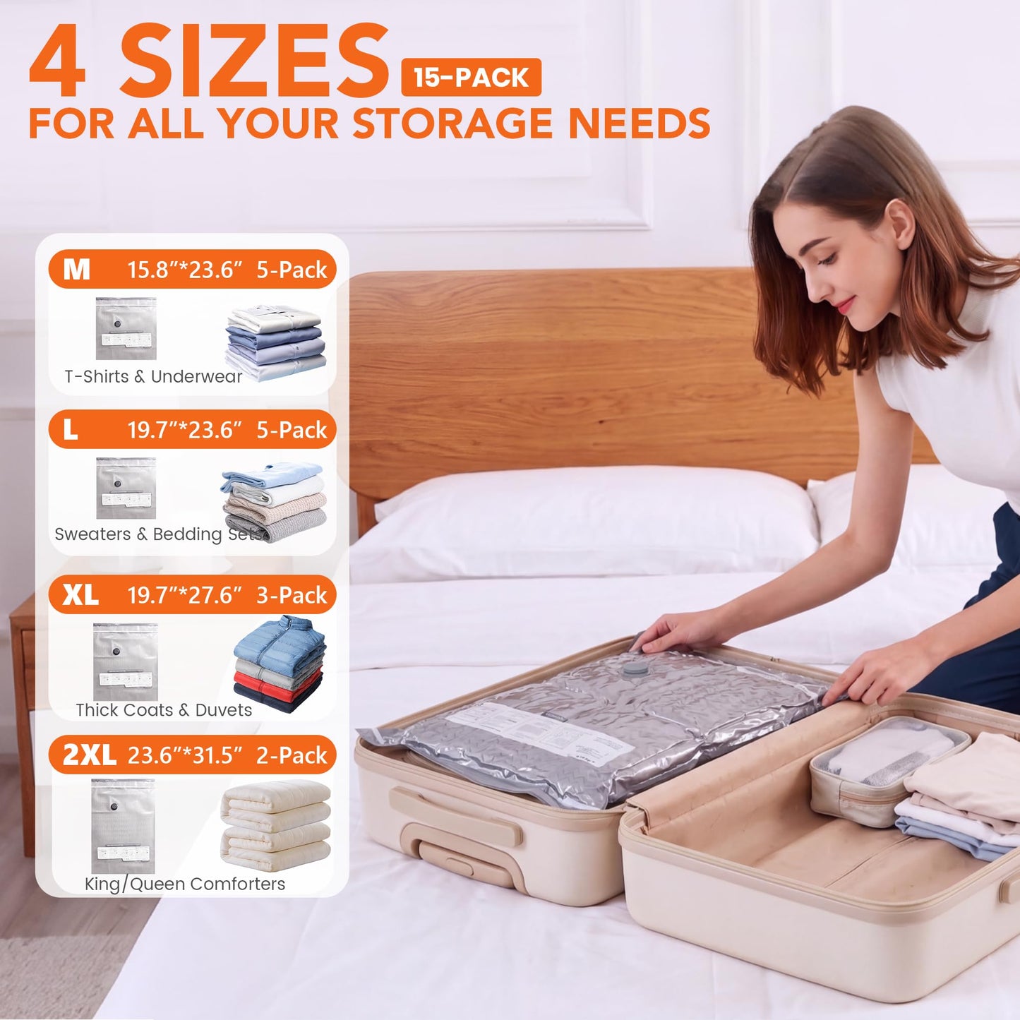 Vacuum Storage Bags with Electric Pump,15 Pack 4 Sizes Thickened Space Saver Bags,Airtight