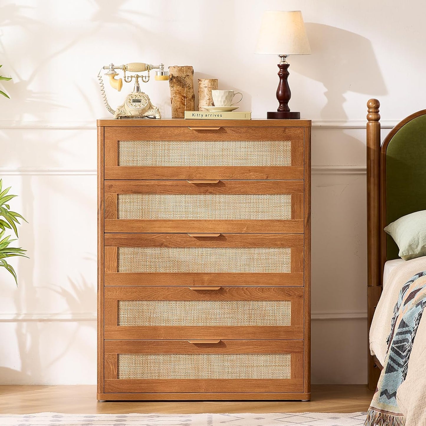 LEYAOYAO Rattan Dresser for Bedroom Set 2, 41" Tall Chest of Drawers, Modern 5 Drawers Boho