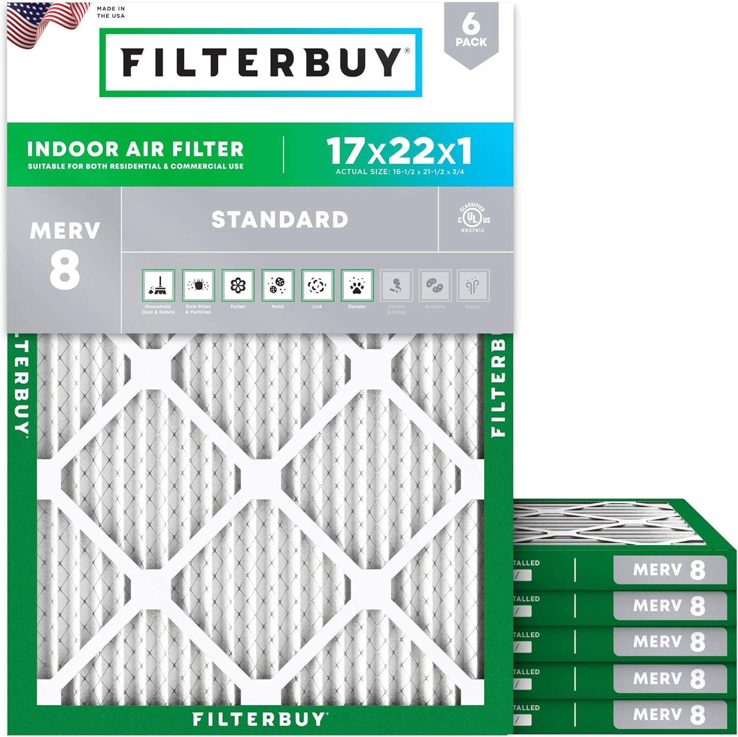 Filterbuy 17x22x1 Air Filter MERV 8 (MPR 700) Dust Defense Replacement (6-Pack), Electrostatic