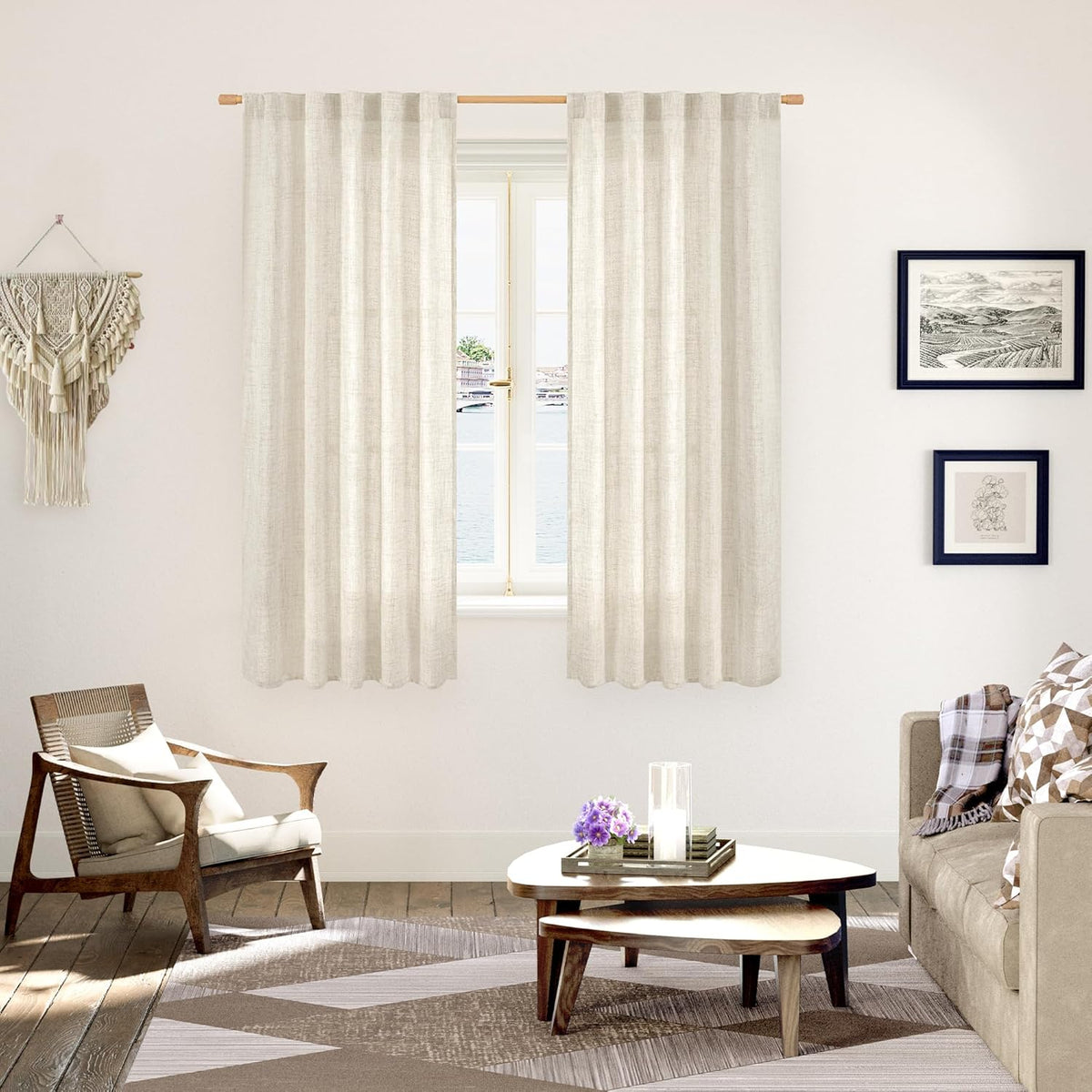 YoungsTex Linen Curtains 63 Inch Length for Living Room, Semi Sheer Window Drapes with Rod Pocket