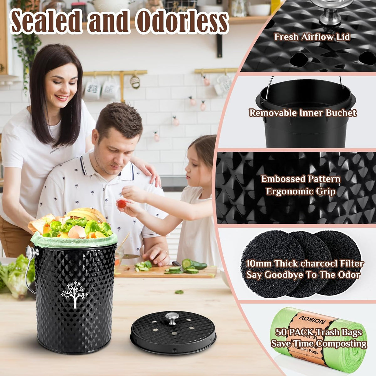 AOSION Countertop Compost Bin Kitchen，Odorless Indoor Compost Bin with Lid and Compost Bags,Compost